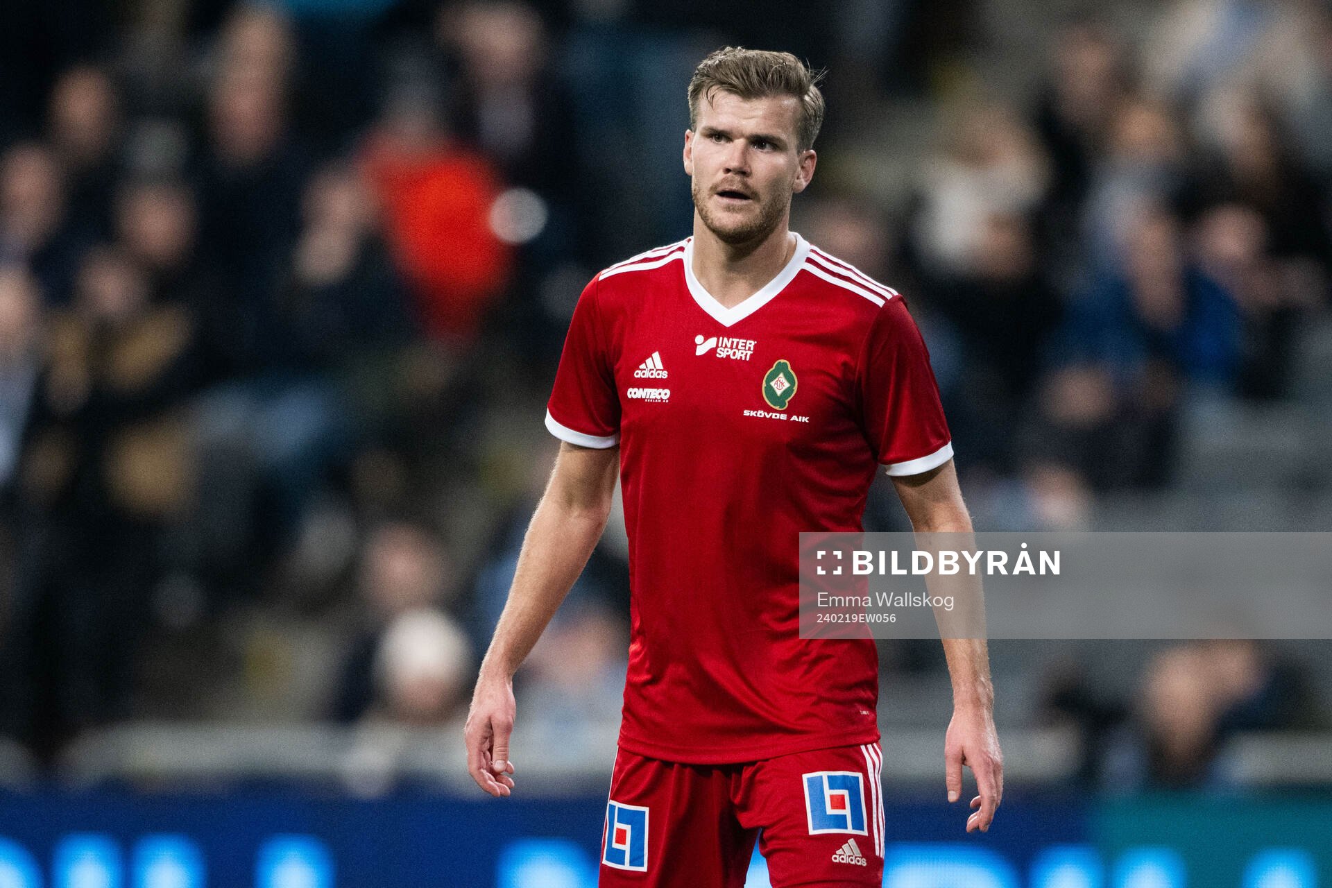 Skövde AIKs Elias Lindell under fotbollsmatchen i Svenska Cupen mellan Djurgården och Skövde AIK den 19 februari 2024 i Stockholm. 