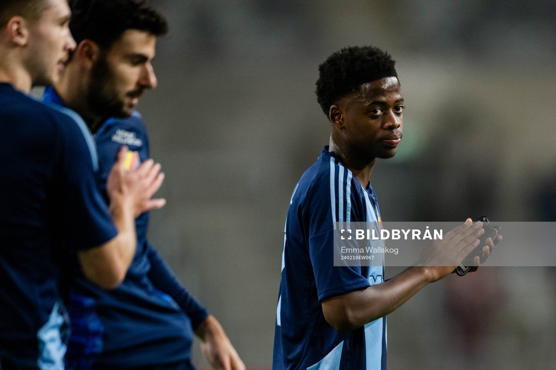 Djurgårdens Alieu Atlee Manneh jublar efter fotbollsmatchen i Svenska Cupen mellan Djurgården och Skövde AIK den 19 februari 2024 i Stockholm.