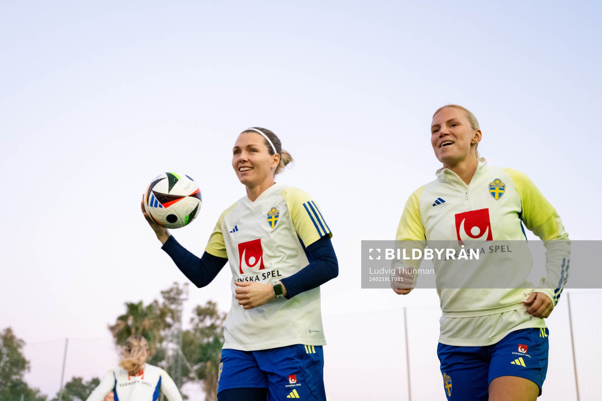 Goalkeeper Jennifer Falk and Josefine Rybrink of the women's national football team of Sweden at a training session on February 19, 2024 in Marbella.