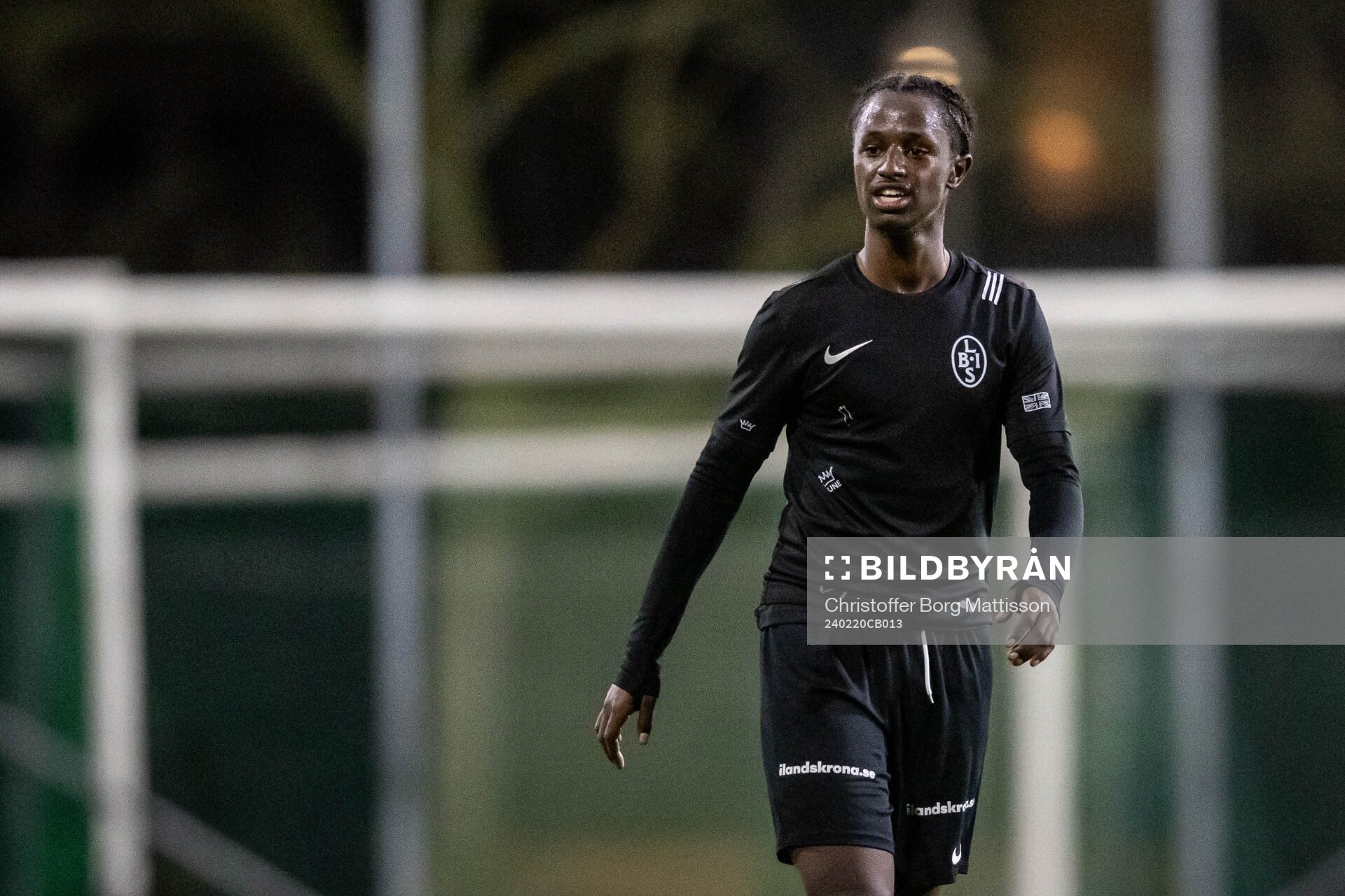 Landskrona BOISs Max'Med Mohamed under träningsmatchen i fotboll mellan Landskrona BOIS och Ängelholm den 20 februari 2024 i Landskrona.