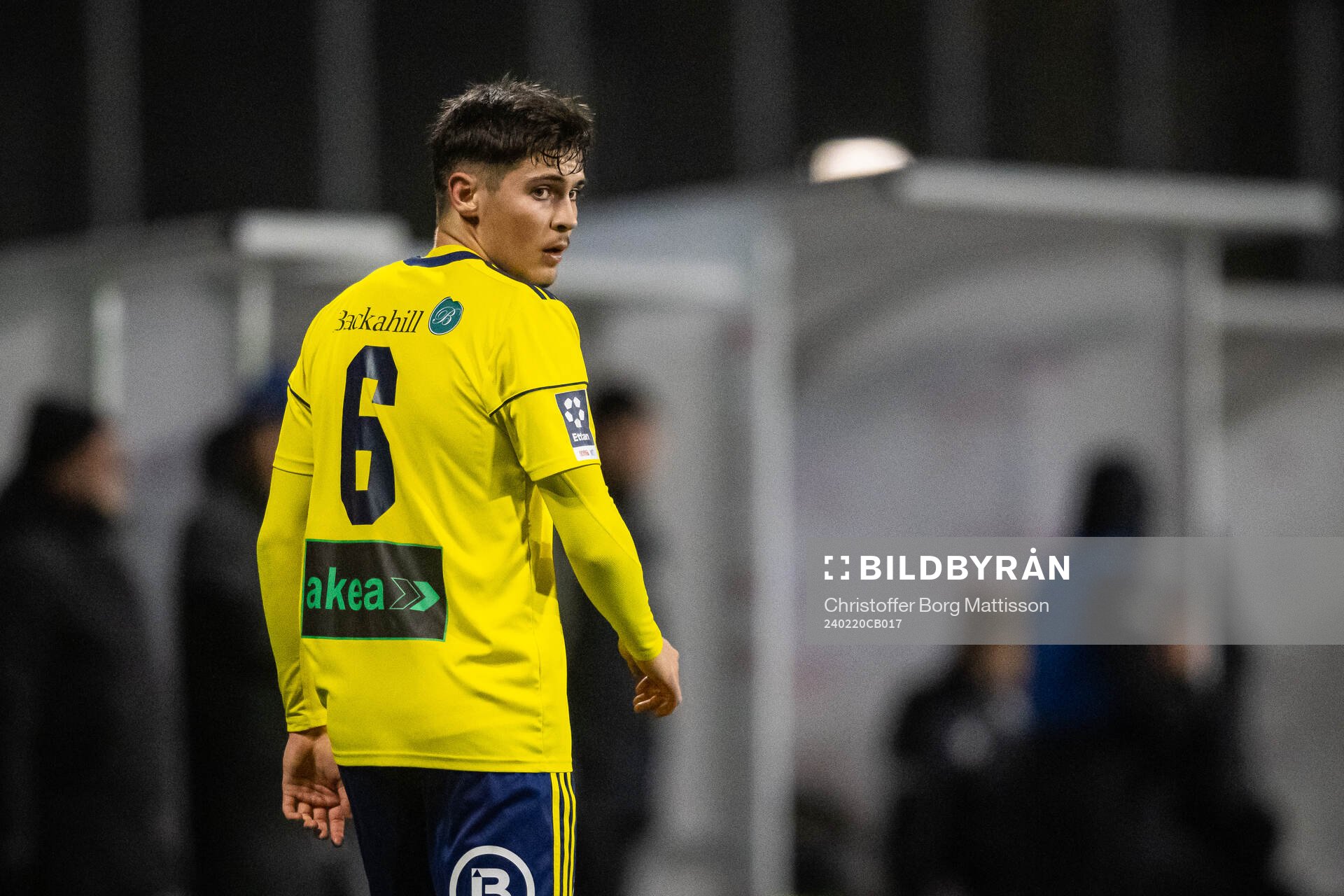 Ängelholms Adrian Colak under träningsmatchen i fotboll mellan Landskrona BOIS och Ängelholm den 20 februari 2024 i Landskrona.