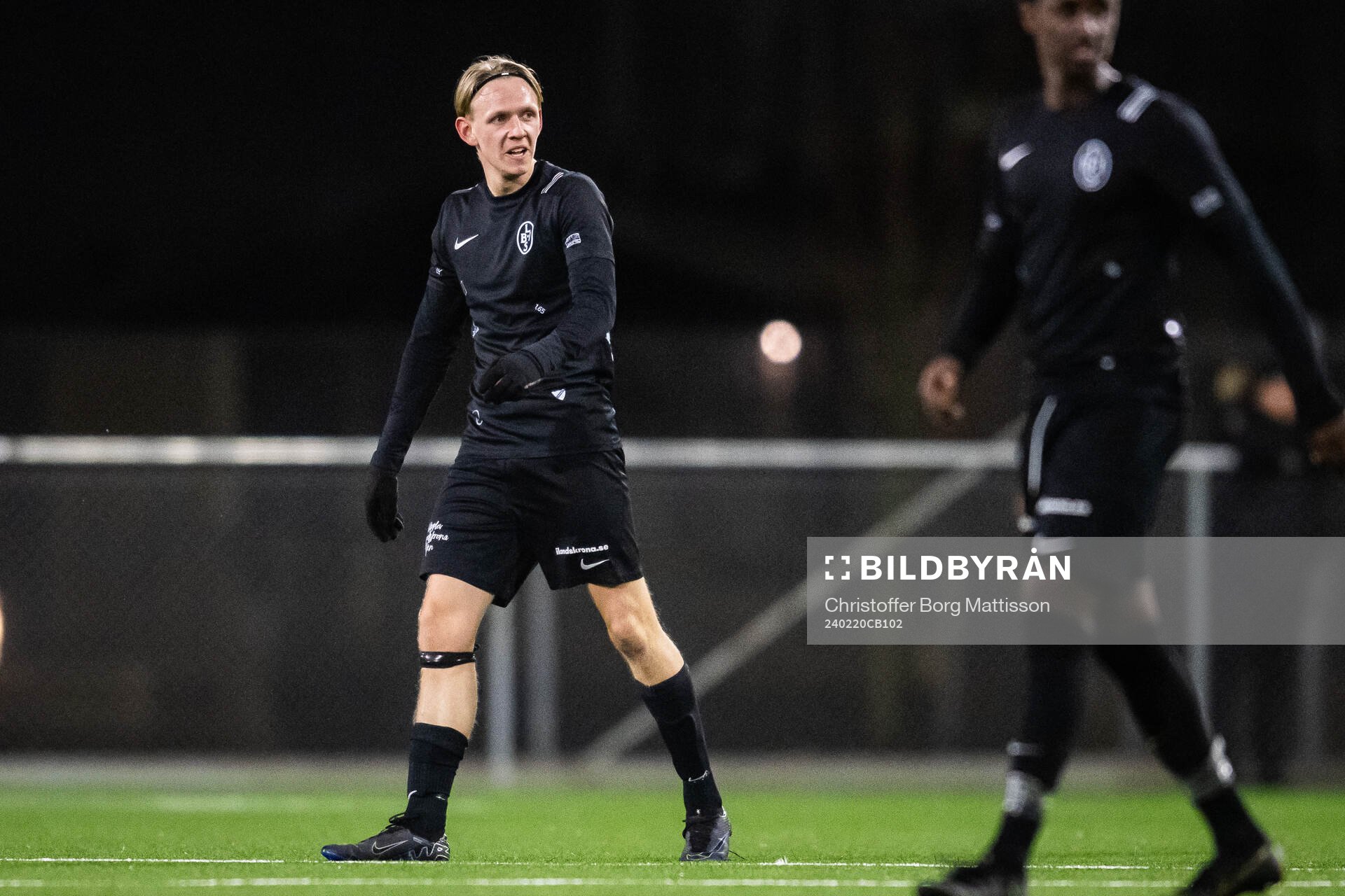 Landskrona BOISs Linus Lindeberg under träningsmatchen i fotboll mellan Landskrona BOIS och Ängelholm den 20 februari 2024 i Landskrona.