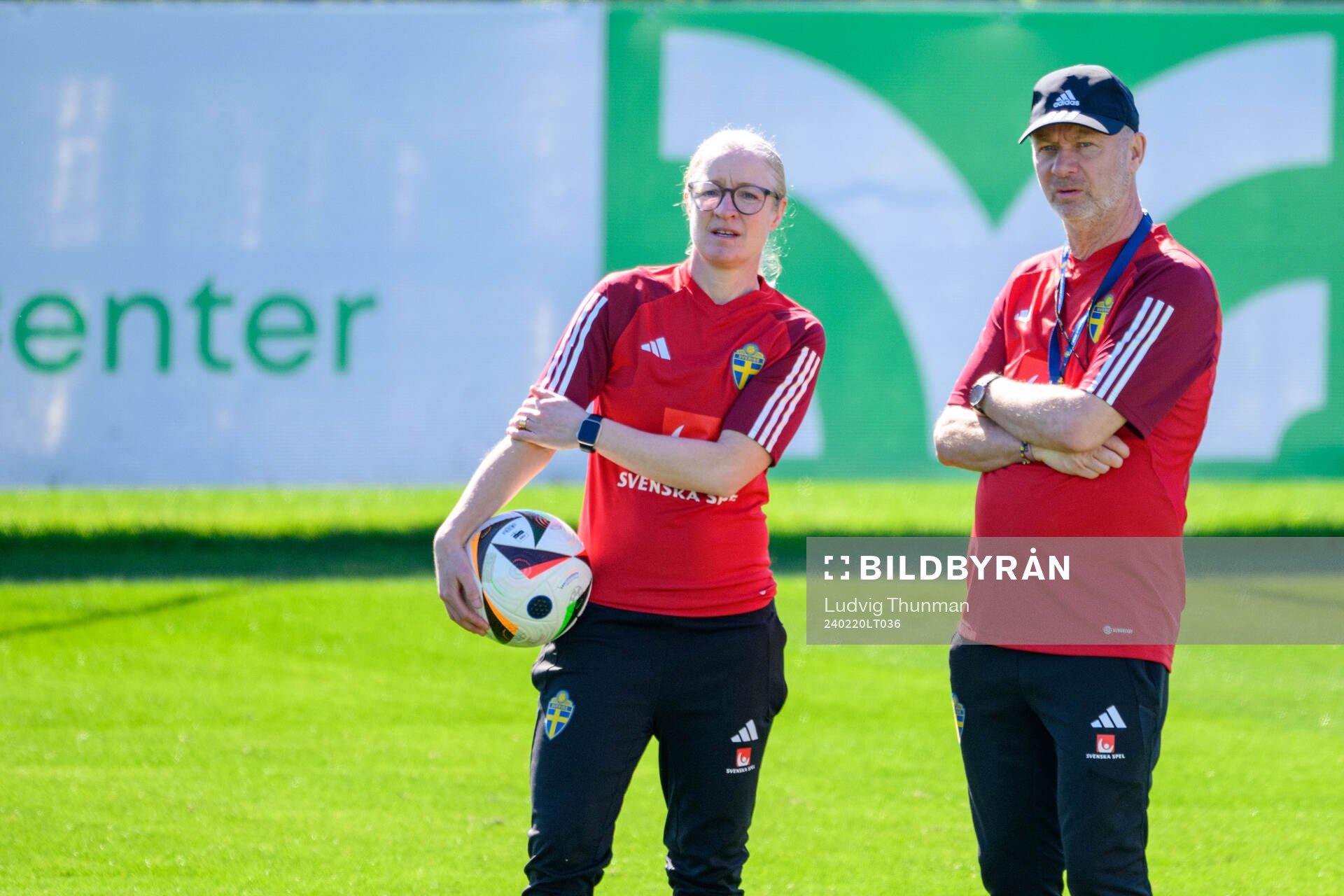 Assistant coach Victoria Sandell and Head coach Peter Gerhardsson of Sweden of the women's national football team of Sweden at a training session on February 20, 2024 in Marbella.