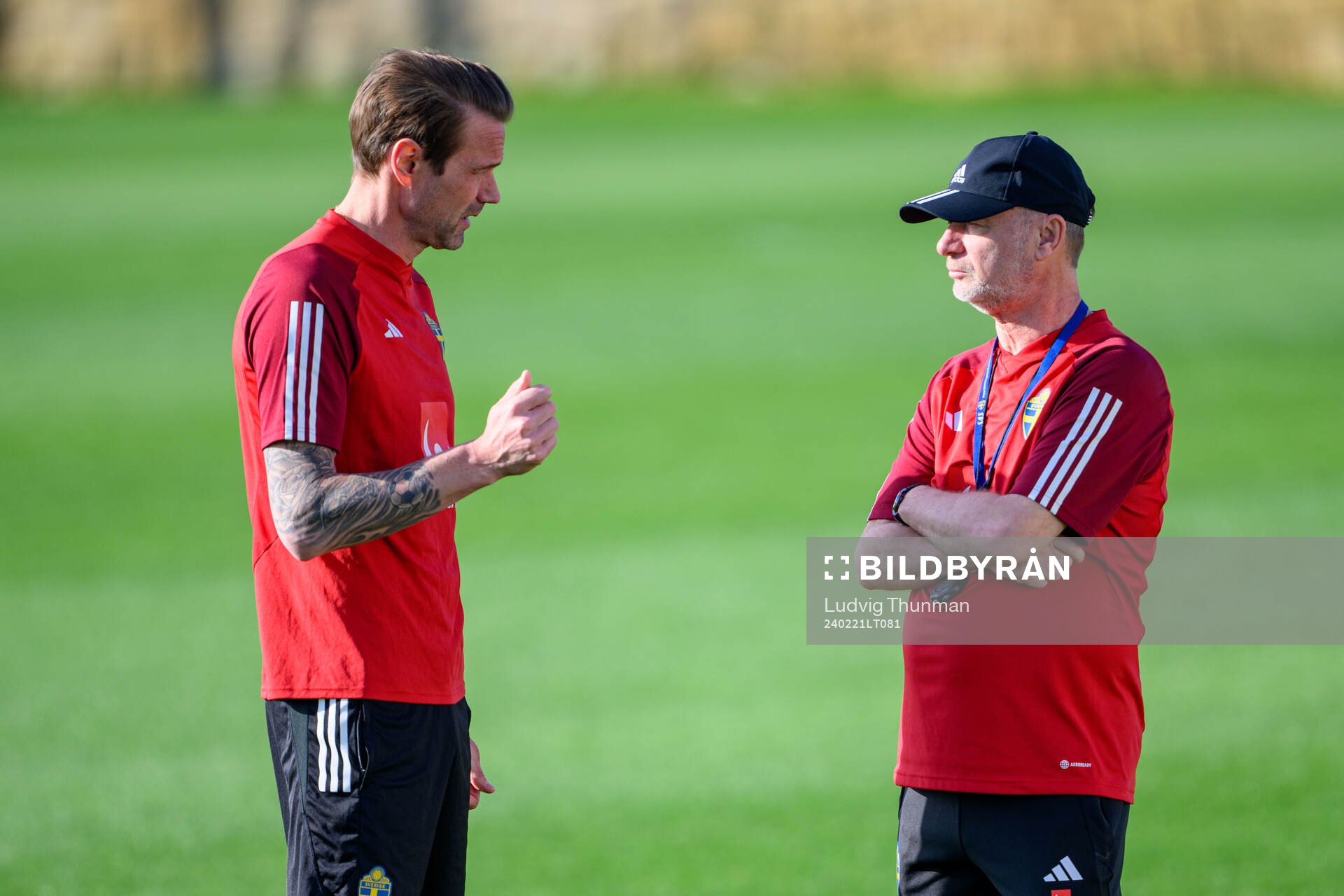 Head coach Peter Gerhardsson of Sweden and team manager Magnus Andersson of the women's national football team of Sweden at a training session on February 21, 2024 in Marbella.