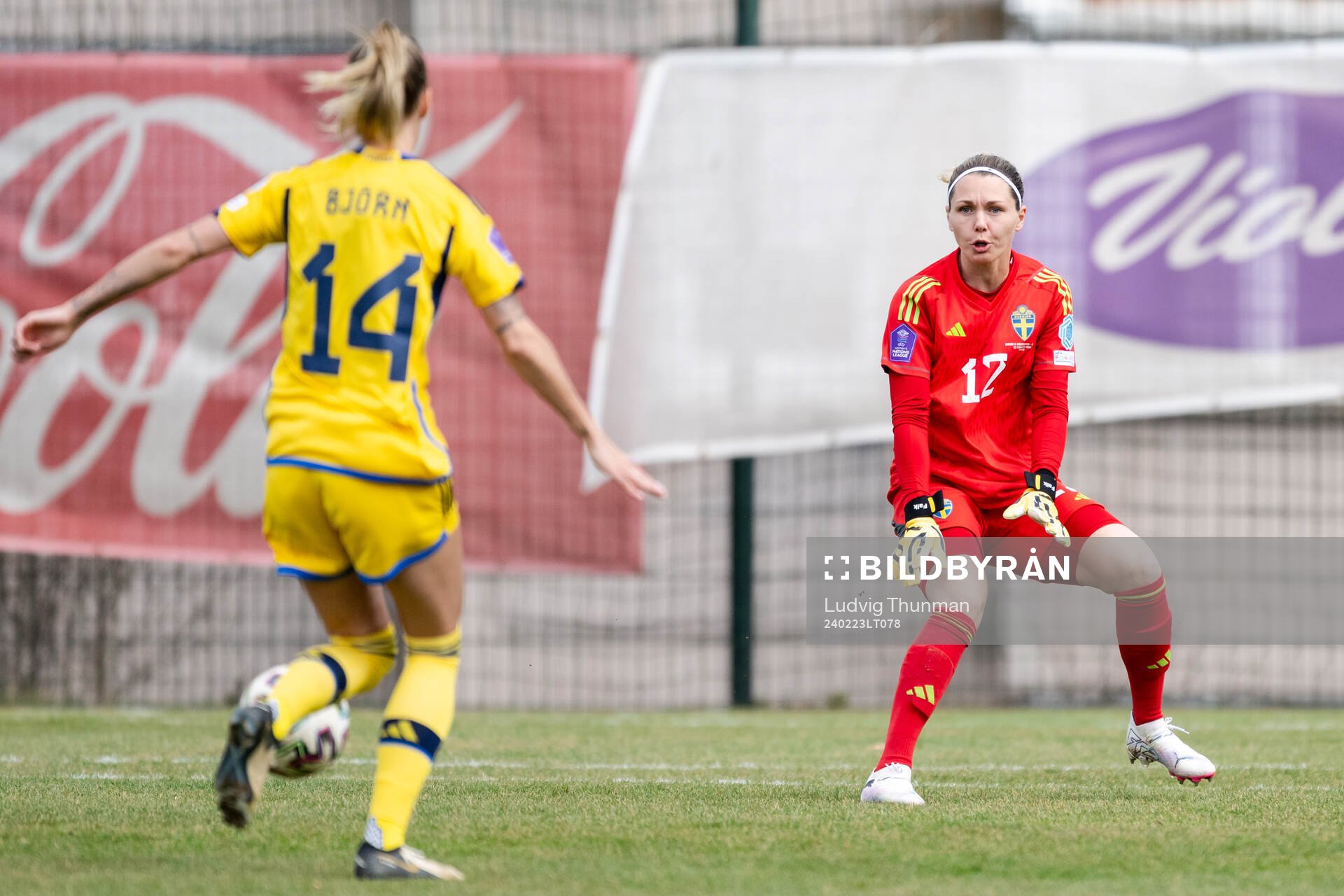 Nathalie Björn and goalkeeper Jennifer Falk of Sweden