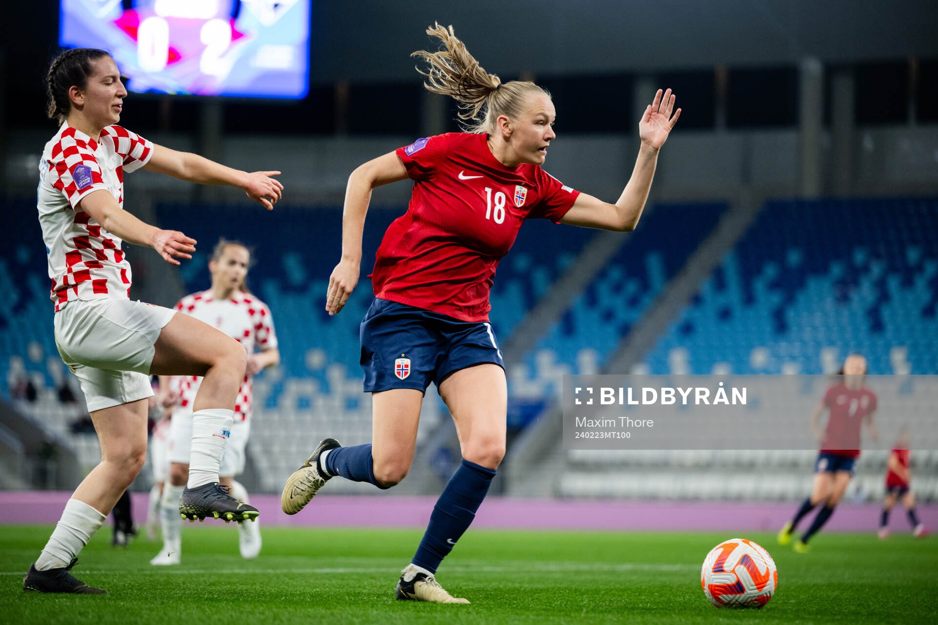Lucija Domazet of Croatia and Frida Maanum of Norway during the UEFA Women's Nations League play-off football match between Croatia and Norway on February 23, 2024 in Osijek.