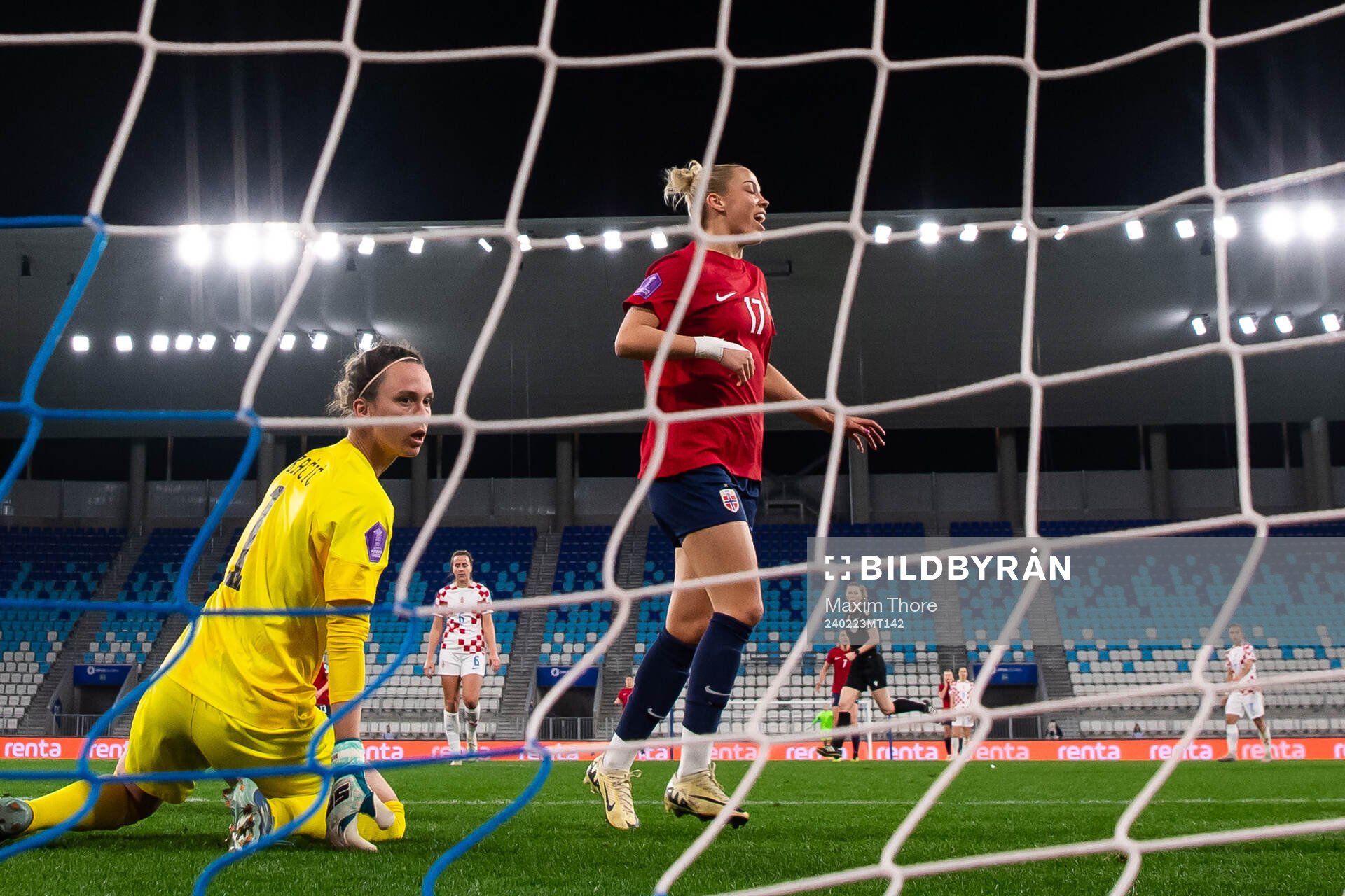 Celin Bizet Ildhusøy of Norway celebrates after scoring the 0-3 goal behind goalkeeper Doris Bacic of Croatia during the UEFA Women's Nations League play-off football match between Croatia and Norway on February 23, 2024 in Osijek. 