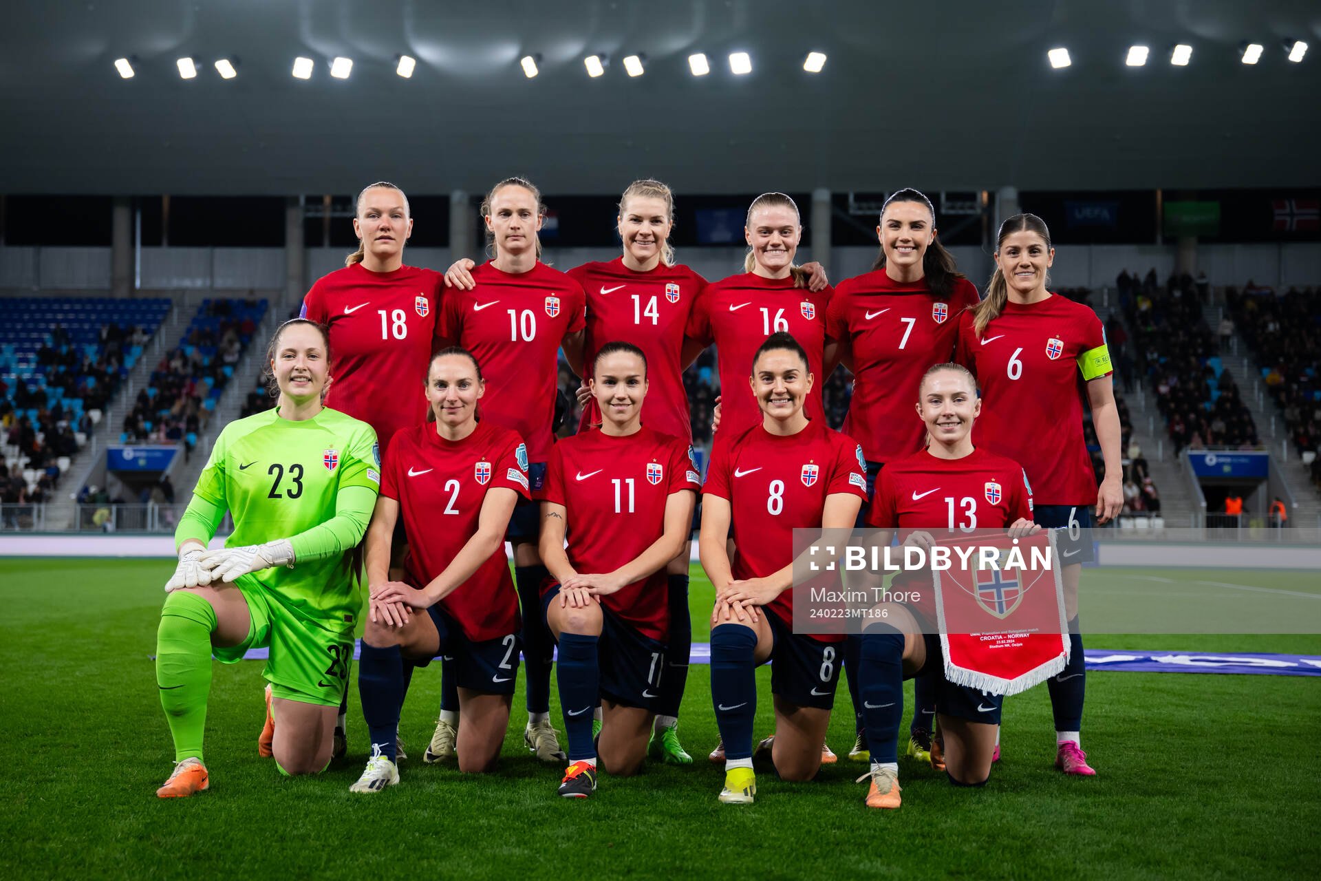 The starting eleven of Norway pose for a team photo ahead of the UEFA Women's Nations League play-off football match between Croatia and Norway on February 23, 2024 in Osijek. Top left: Frida Maanum, Caroline Graham Hansen, Ada Hegerberg, Mathilde Harviken, Ingrid Syrstad Engen, Maren Mjelde, goalkeeper Aurora Mikalsen, Guro Reiten, Vilde Bøe Risa and Thea Bjelde.