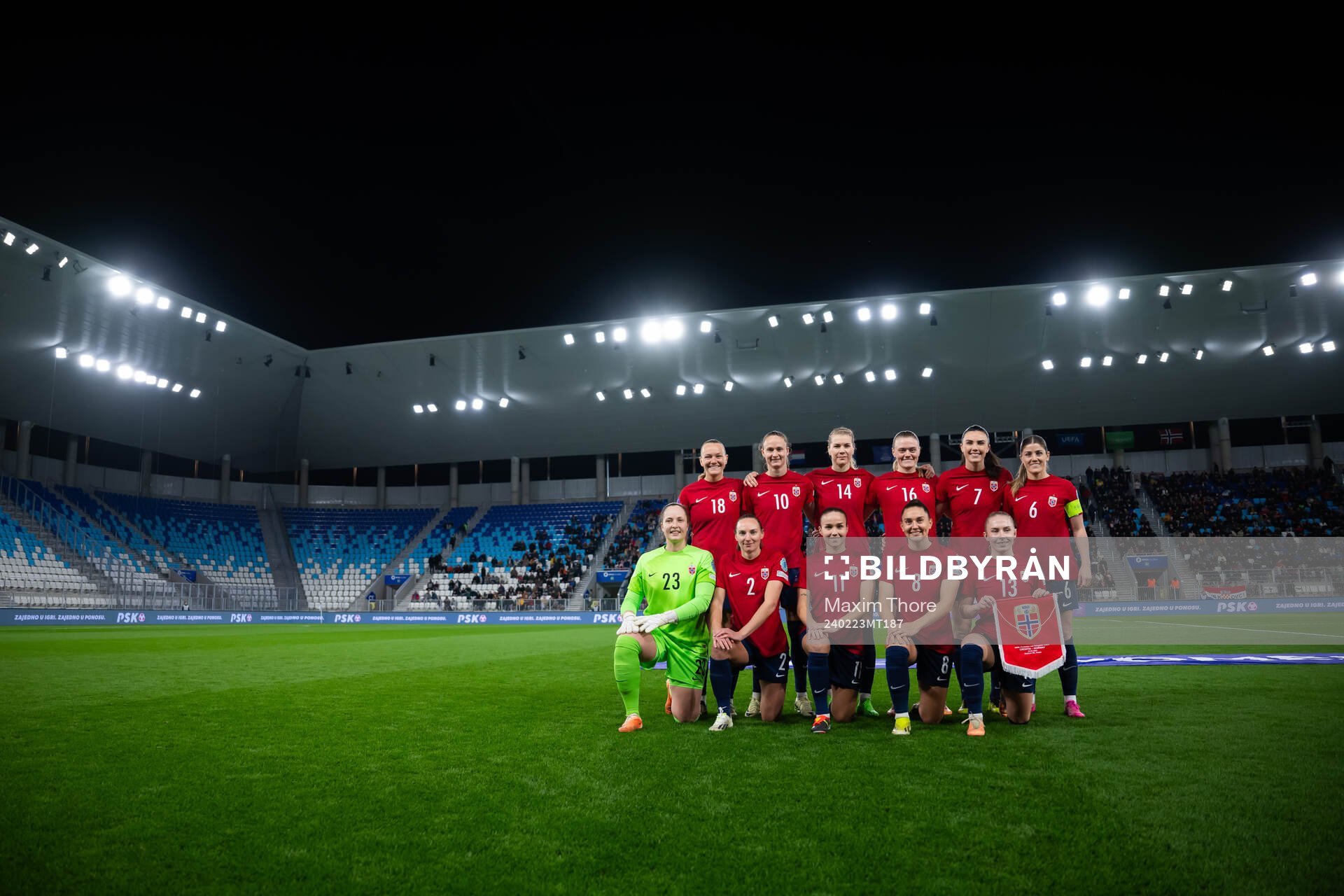 The starting eleven of Norway pose for a team photo ahead of the UEFA Women's Nations League play-off football match between Croatia and Norway on February 23, 2024 in Osijek. Top left: Frida Maanum, Caroline Graham Hansen, Ada Hegerberg, Mathilde Harviken, Ingrid Syrstad Engen, Maren Mjelde, goalkeeper Aurora Mikalsen, Guro Reiten, Vilde Bøe Risa and Thea Bjelde.