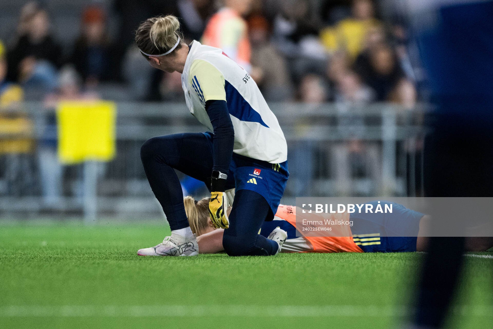 Goalkeeper Jennifer Falk and Stina Blackstenius of Sweden of the women's national football team of Sweden at a training session on February 25, 2024 in Stockholm.