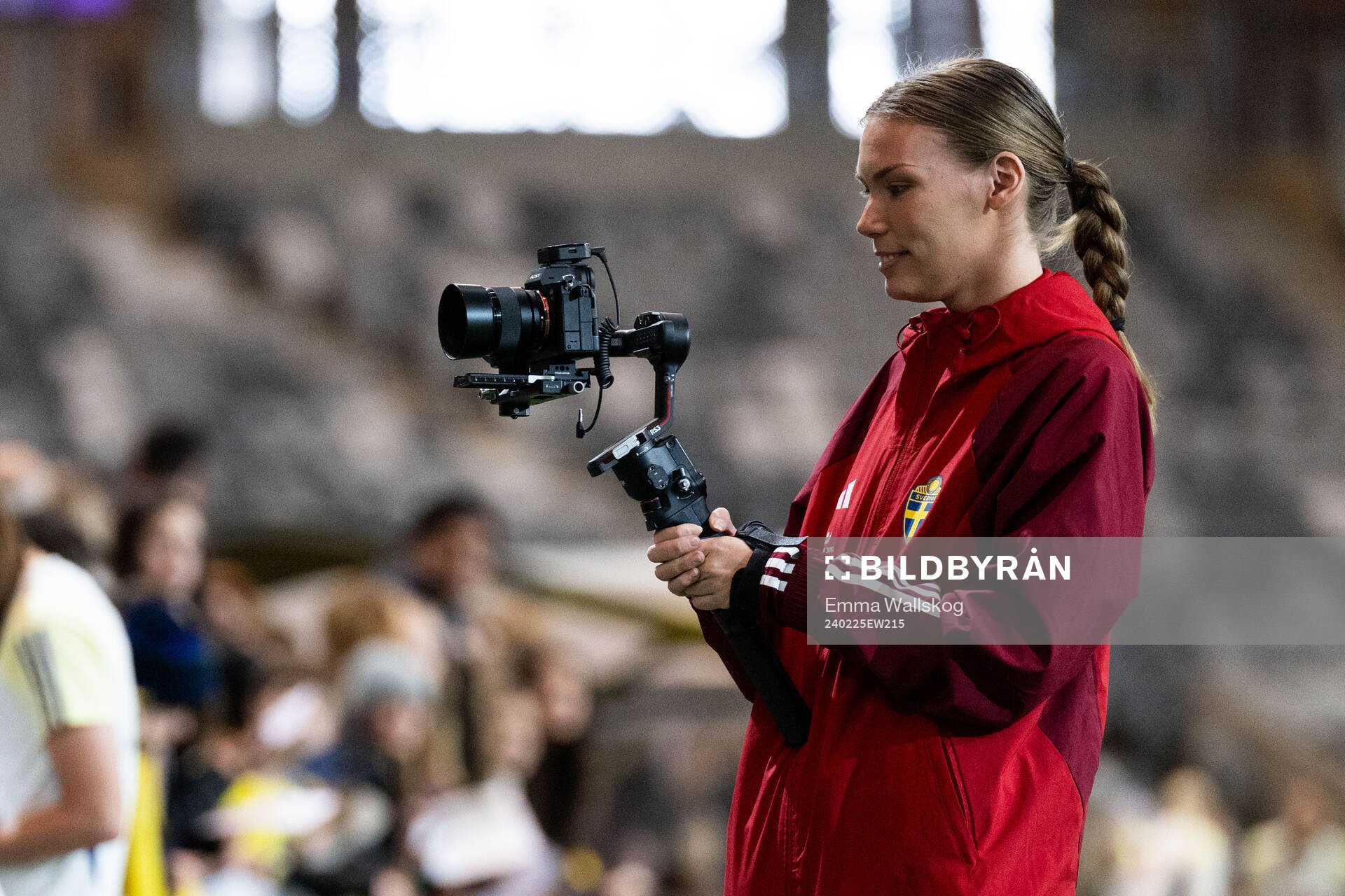 Videographer Emma Watson of the women's national football team of Sweden at a training session on February 25, 2024 in Stockholm.