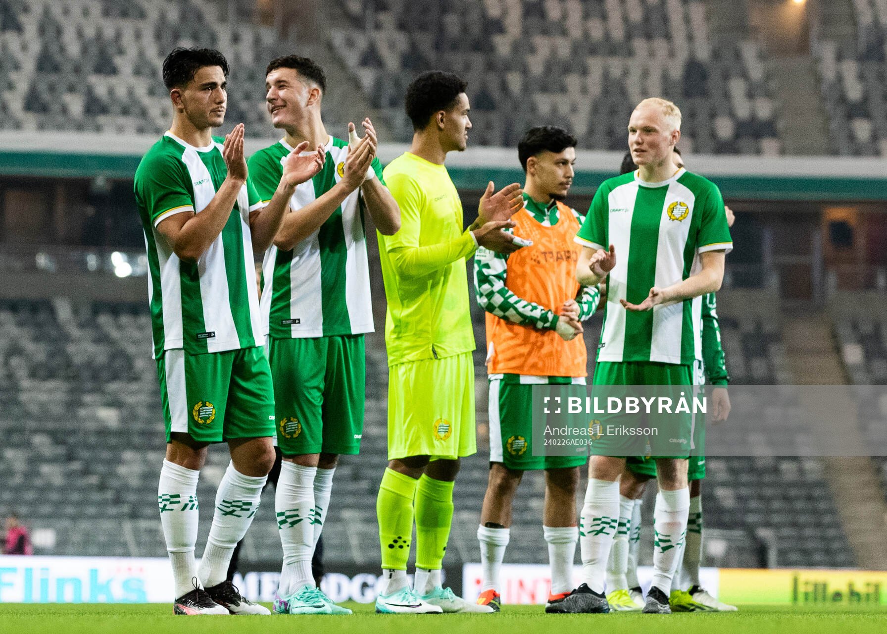 Hammarbys Jusef Erabi, Deniz Gul, målvakt Oliver Dovin och Marcus Rafferty jublar efter fotbollsmatchen i Svenska Cupen mellan Hammarby och GIF Sundsvall den 26 februari 2024 i Stockholm.