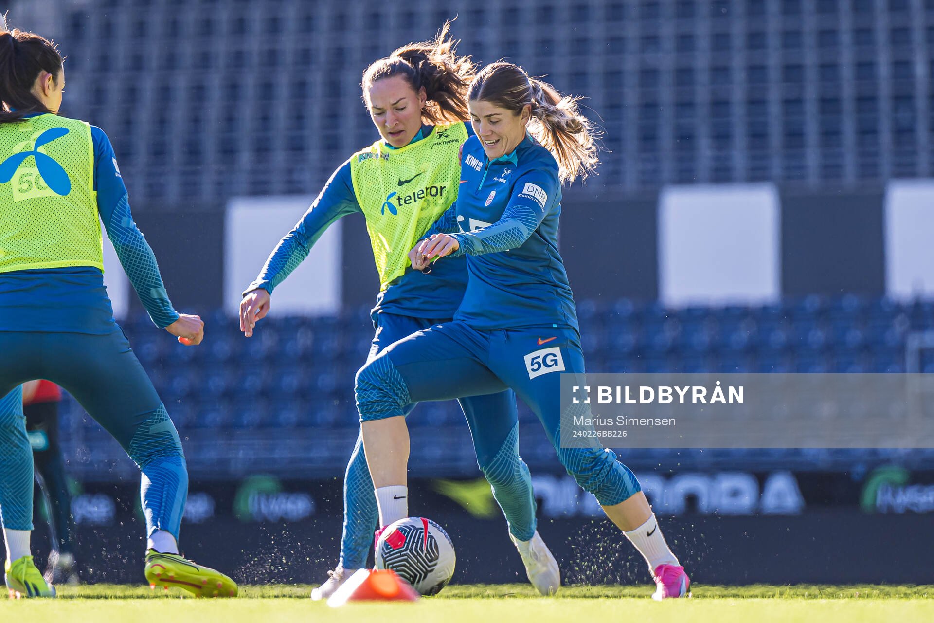 Marit Bratberg Lund and Maren Nævdal Mjelde of the Norwegian women's national football team during a training session on February 26, 2024 in Stavanger.