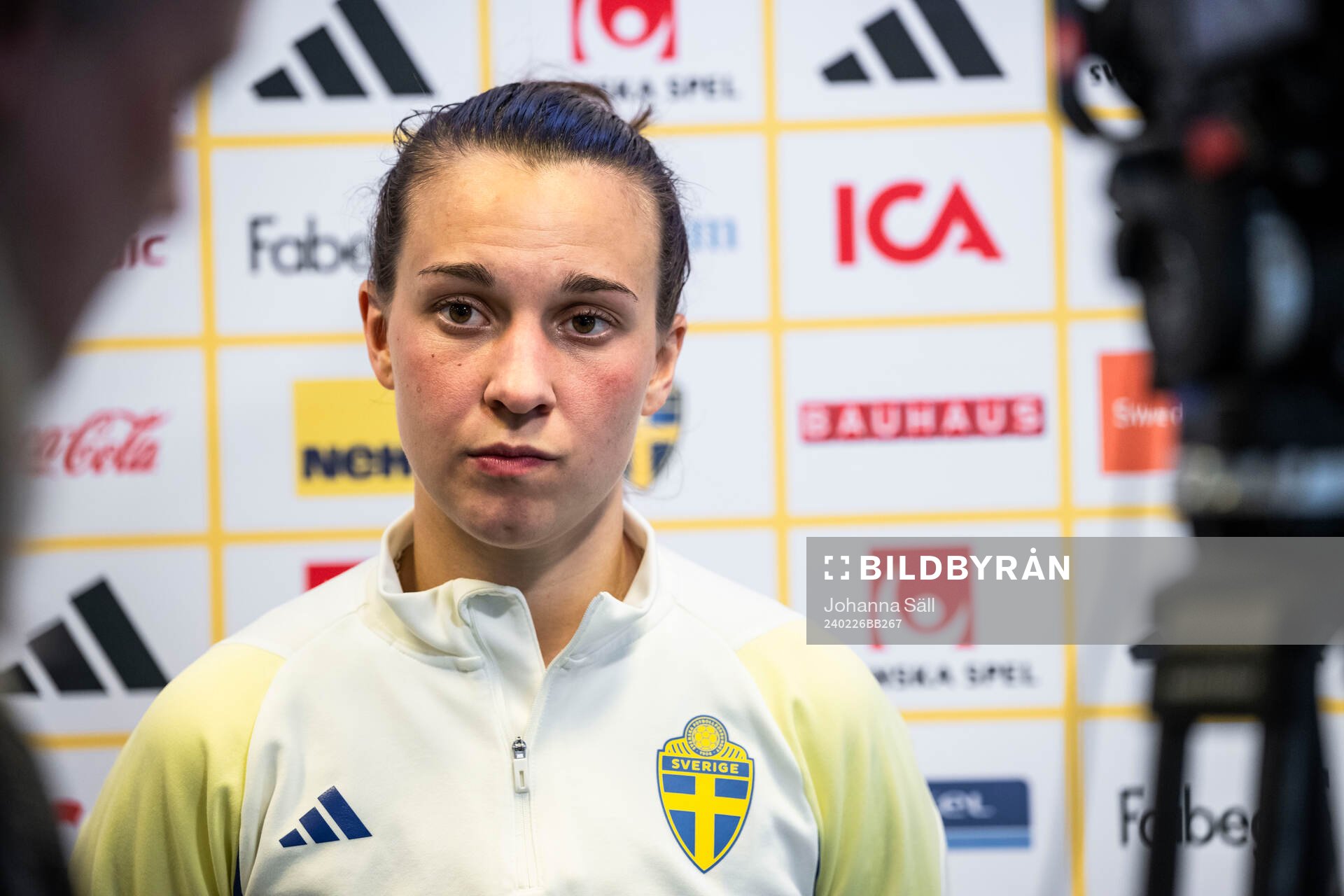 Julia Zigiotti Olme in the mixed zone after a training session with Swedish women's national football during the on February 26, 2024 in Stockholm.