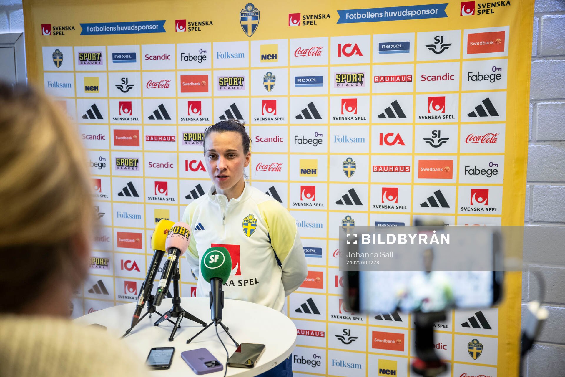 Julia Zigiotti Olme in the mixed zone after a training session with Swedish women's national football during the on February 26, 2024 in Stockholm.
