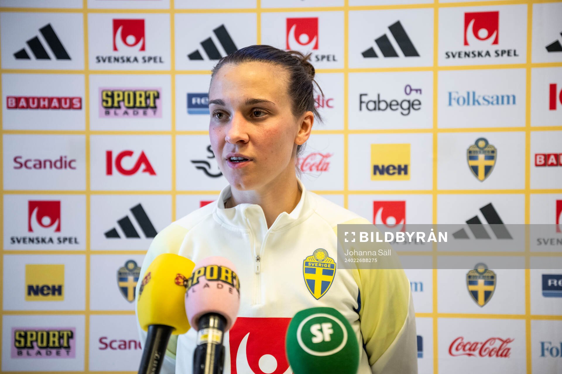 Julia Zigiotti Olme in the mixed zone after a training session with Swedish women's national football during the on February 26, 2024 in Stockholm.