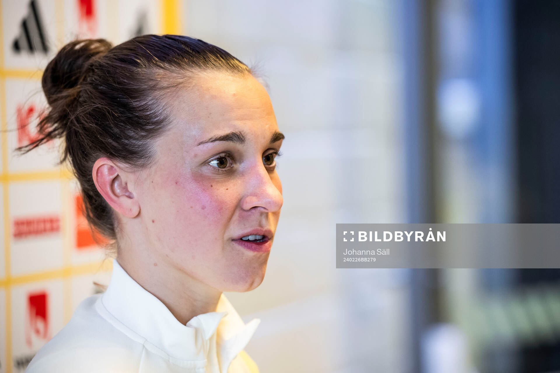 Julia Zigiotti Olme in the mixed zone after a training session with Swedish women's national football during the on February 26, 2024 in Stockholm.
