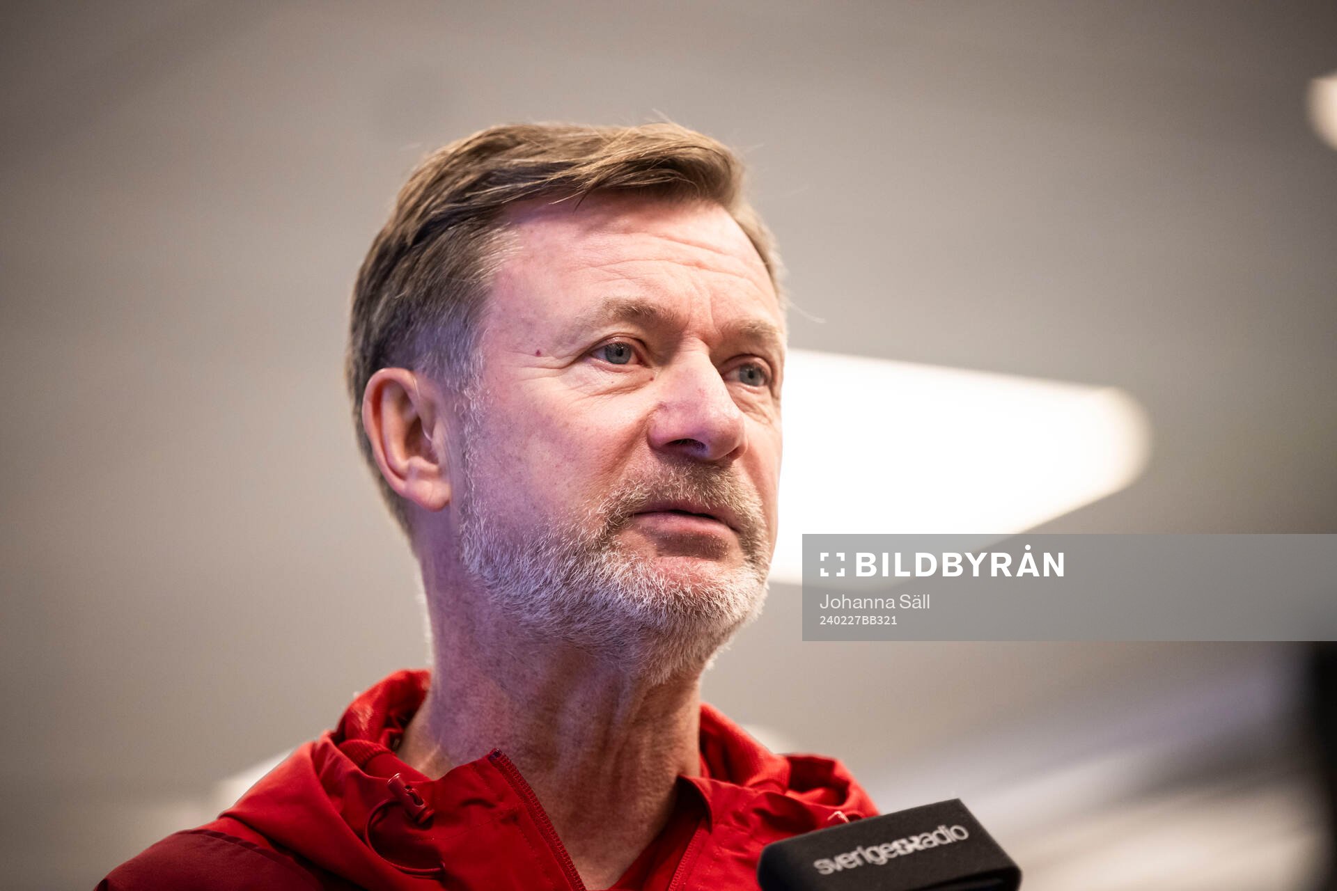 Head coach Peter Gerhardsson in the mixed zone after a training session with the Swedish women's national football team on February 27, 2024 in Stockholm.