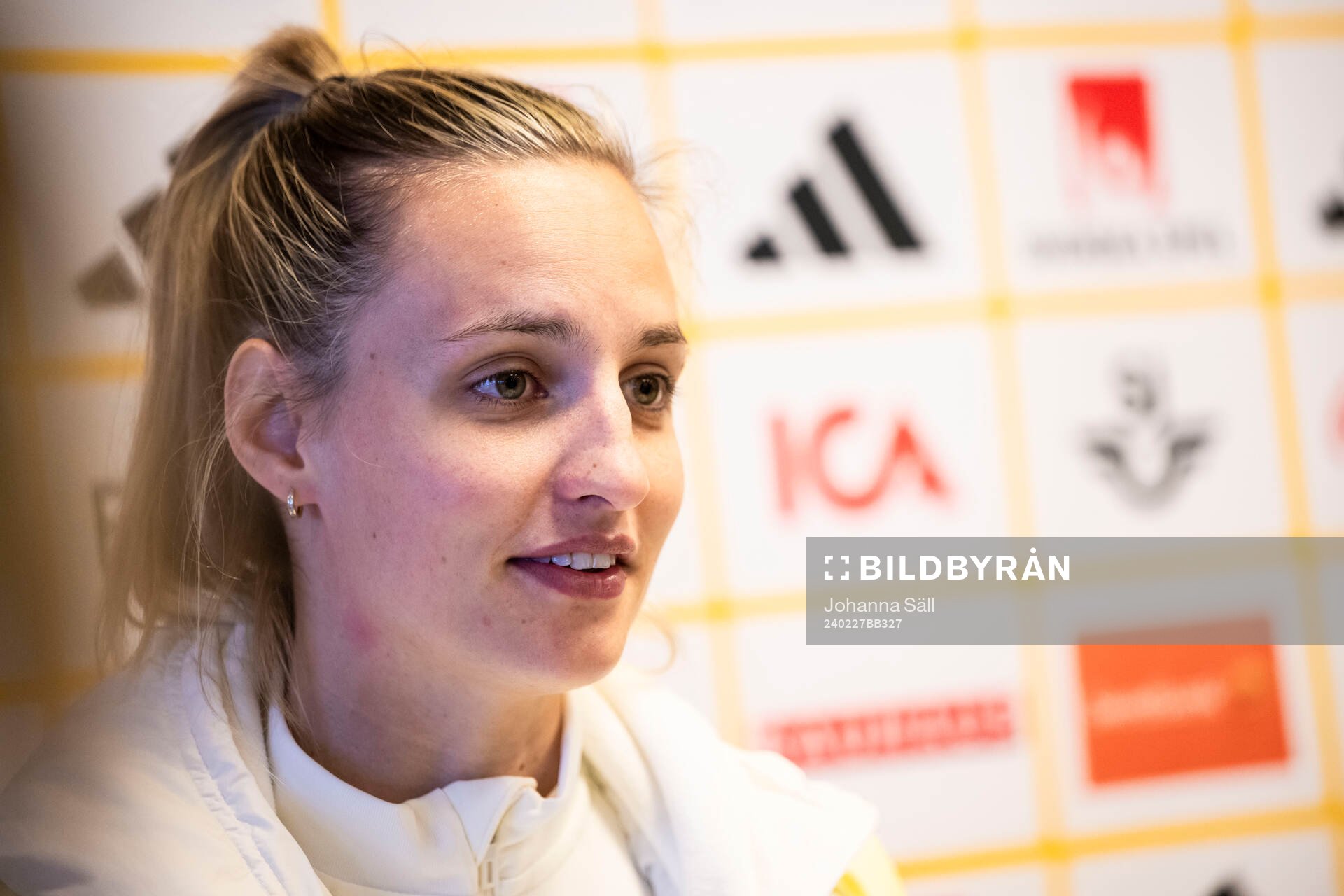 Nathalie Björn in the mixed zone after a training session with the Swedish women's national football team on February 27, 2024 in Stockholm. 