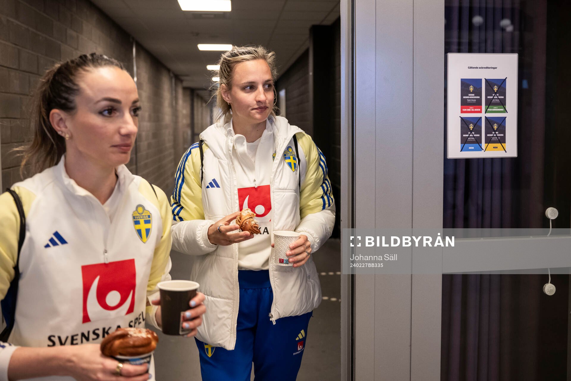 Kosovare Asllani and Nathalie Björn in the mixed zone after a training session with the Swedish women's national football team on February 27, 2024 in Stockholm.