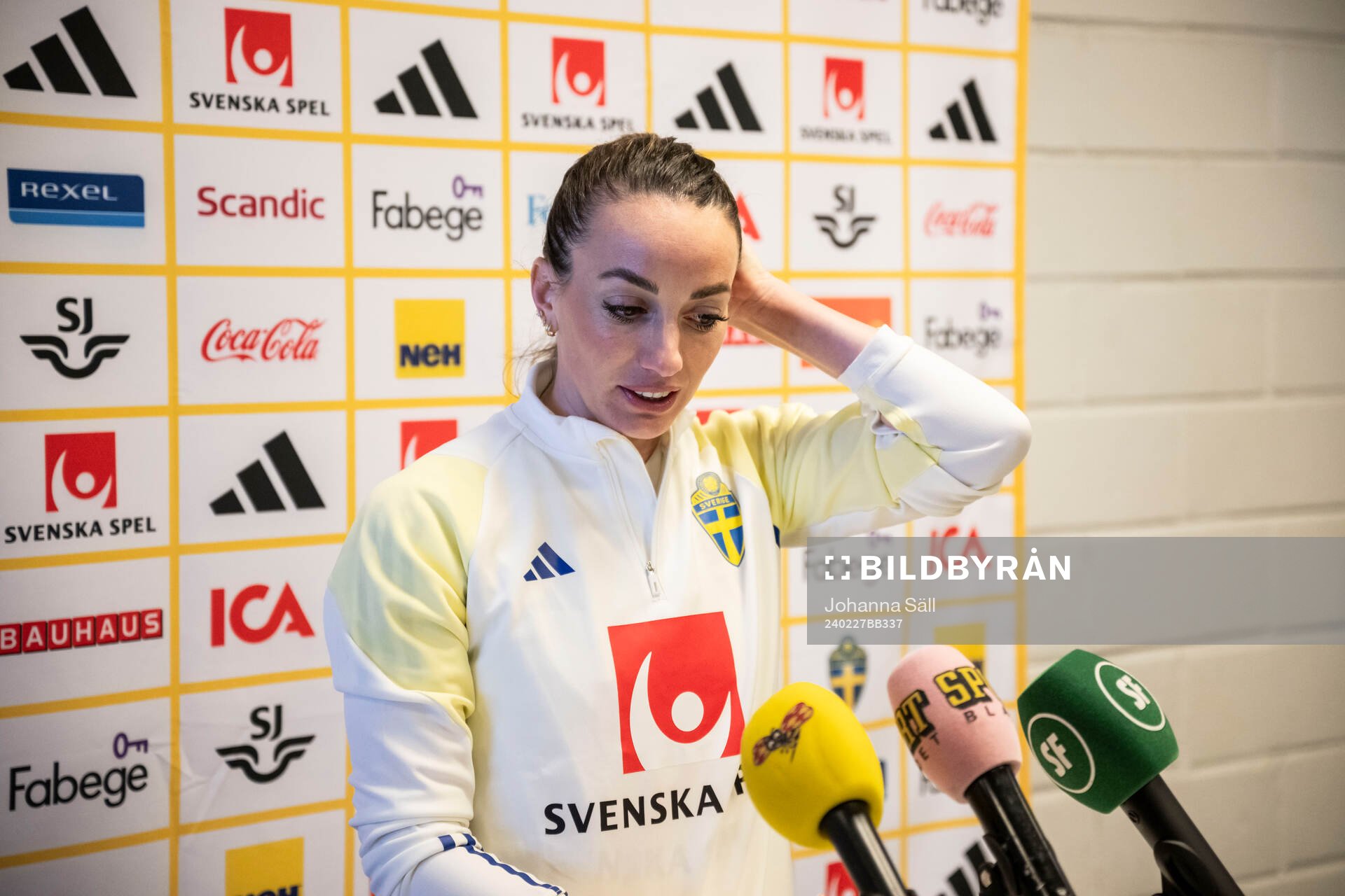 Kosovare Asllani in the mixed zone after a training session with the Swedish women's national football team on February 27, 2024 in Stockholm.
