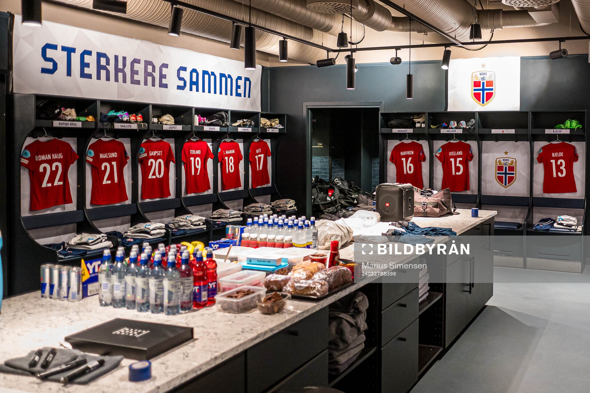 The shirt of Sophie Roman Haug, Lisa Fjeldstad Naalsund, Signe Gaupset, Elisabeth Terland, Mathilde Hauge Harviken, Justine Kvaleng Kielland and Thea Bjelde of Norway ahead of the UEFA Women’s Nations League play-off football match between Norway and Croatia on February 27, 2024 in Stavanger.