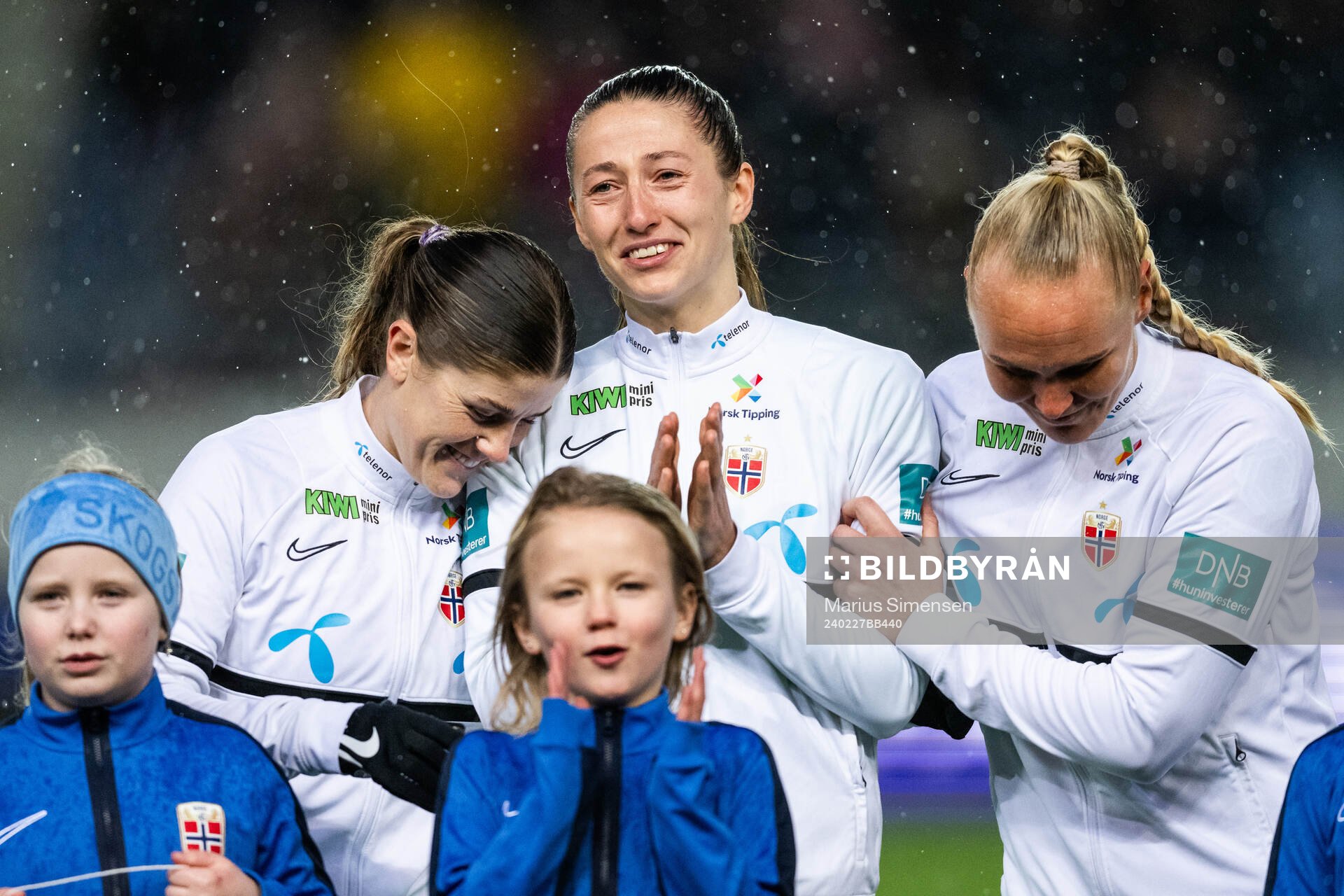 Maren Nævdal Mjelde, Cecilie Hauståker Fiskerstrand and Maria Thorisdottir of Norway during line up ahead of the UEFA Women’s Nations League play-off football match between Norway and Croatia on February 27, 2024 in Stavanger.