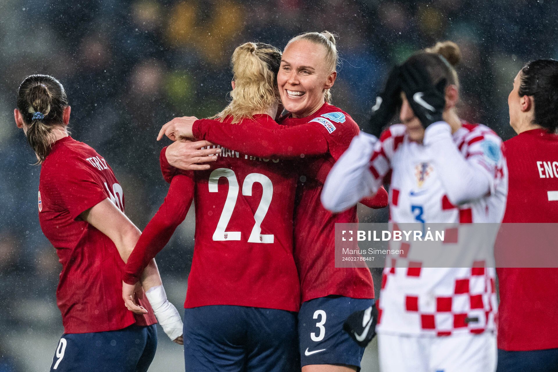 Sophie Roman Haug and Maria Thorisdottir of Norway celebrate