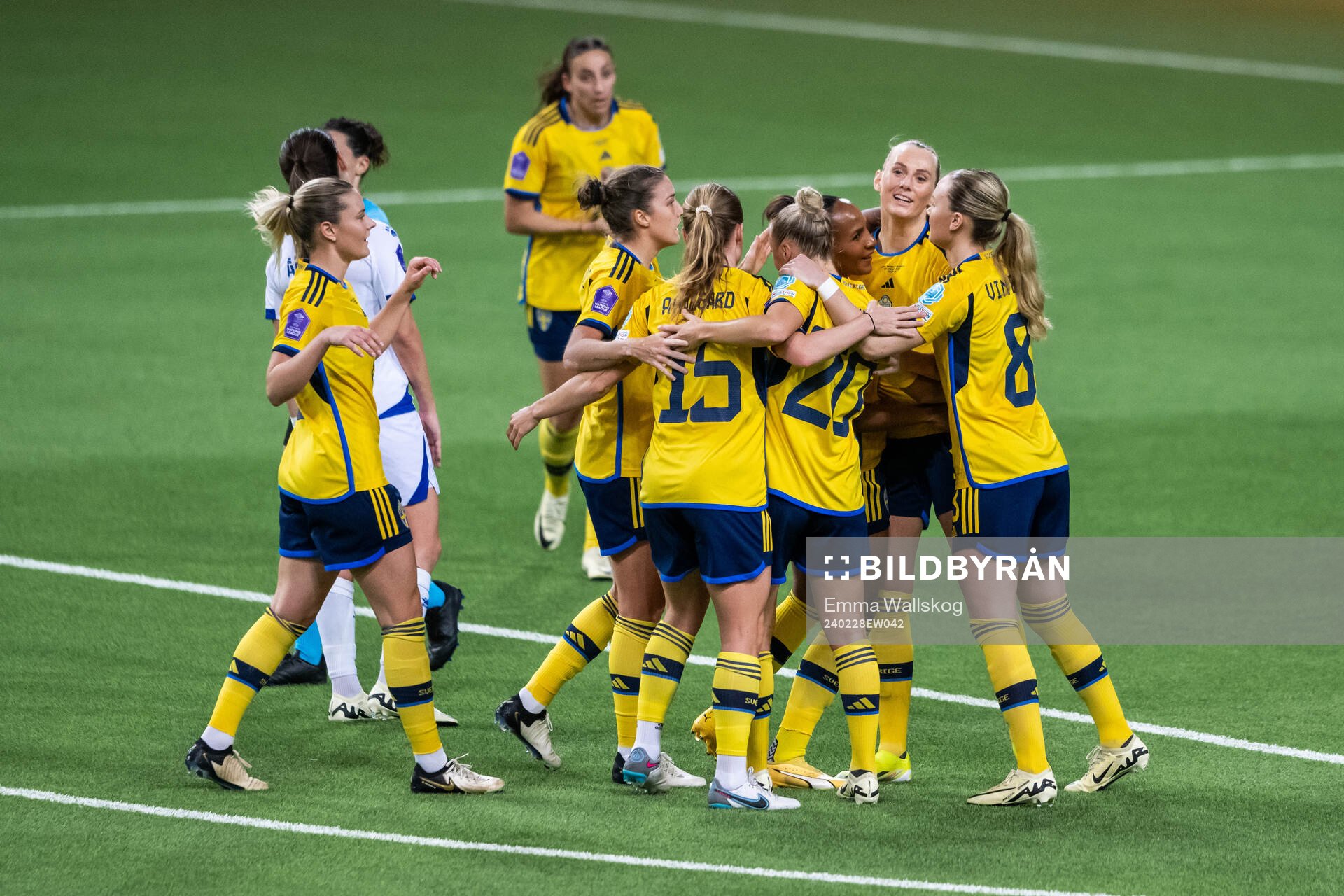 Stina Blackstenius of Sweden celebrates with team mates after scoring 2-0 during the UEFA Women's Nations League negative qualification match between Sweden and Bosnia and Herzegovina on February 28, 2024 in Stockholm.