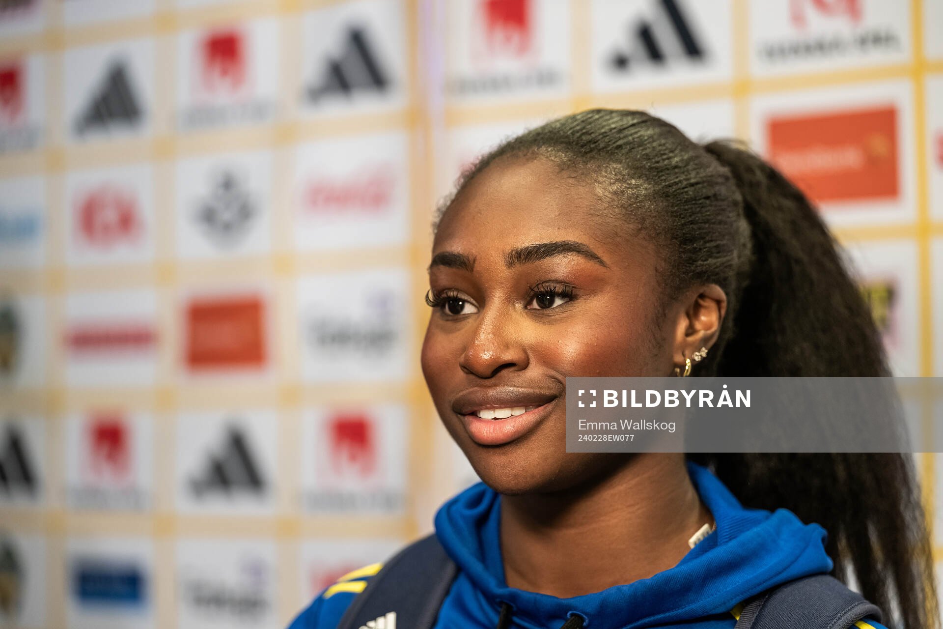 Monica Jusu Bah of Sweden in the mixed zone after the UEFA Women's Nations League negative qualification match between Sweden and Bosnia and Herzegovina on February 28, 2024 in Stockholm.