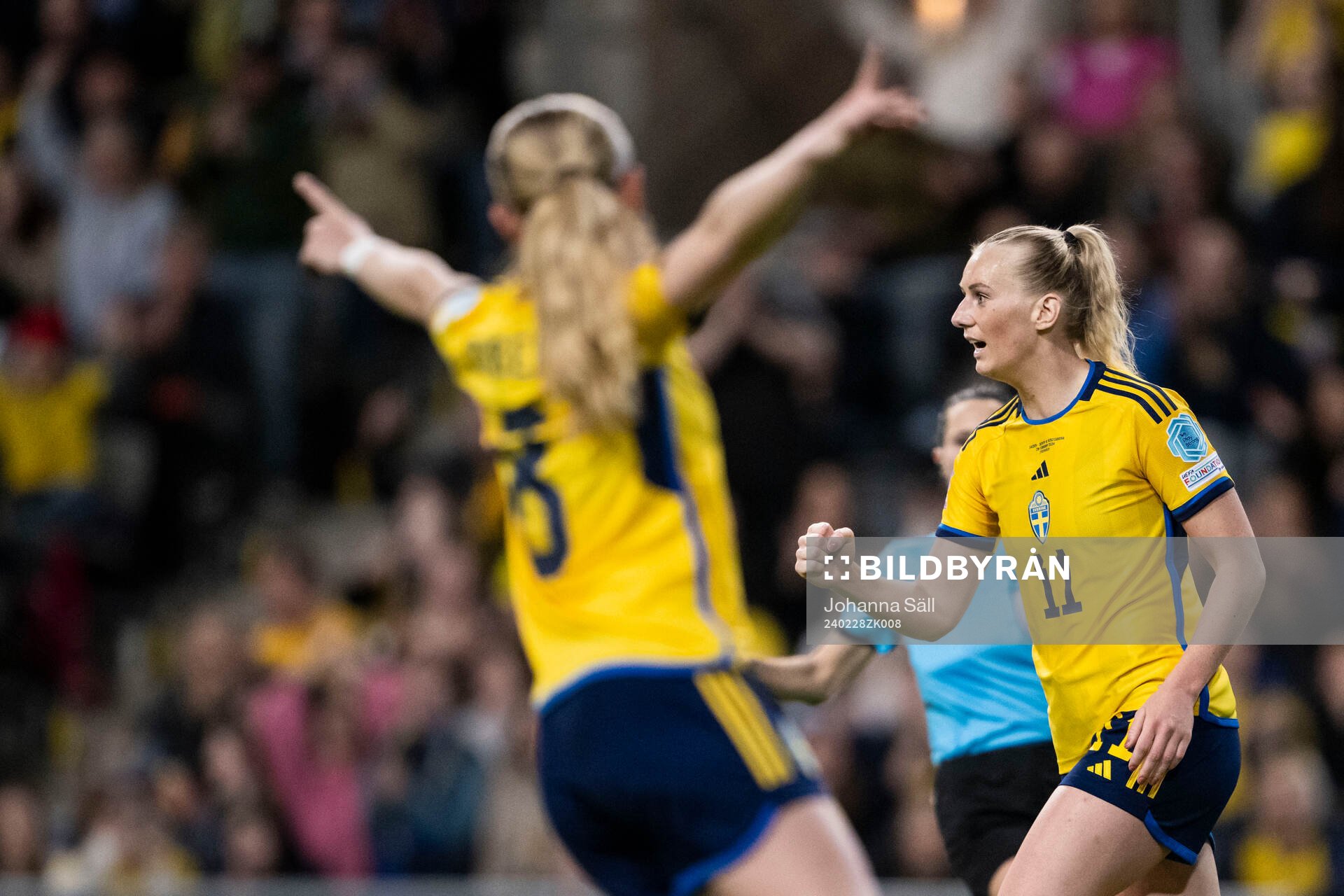 Stina Blackstenius of Sweden celebrates scoring 2-0 during the UEFA Women's Nations League negative qualification match between Sweden and Bosnia and Herzegovina on February 28, 2024 in Stockholm.