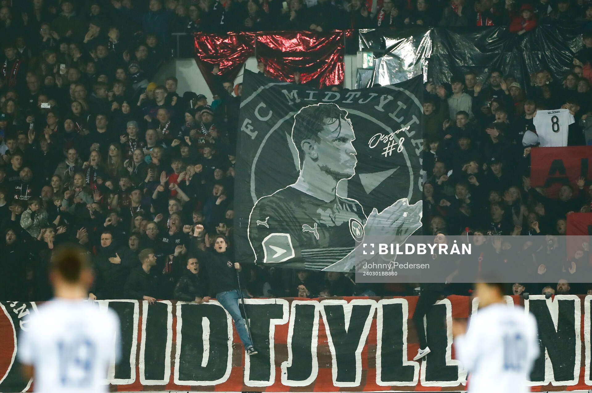 Fans of Midtjylland with a homage to player Kristoffer