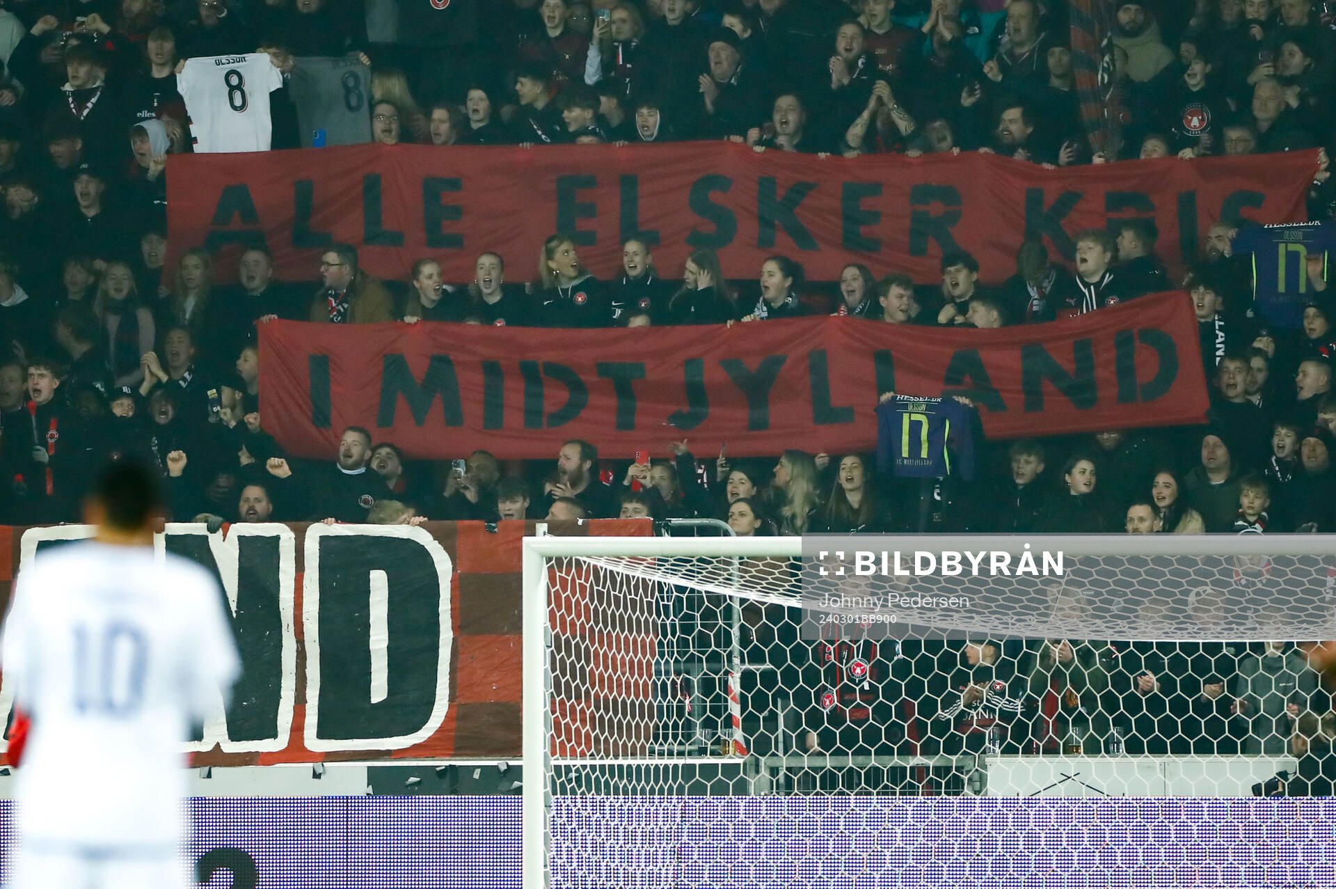 Fans of Midtjylland with a homage to player Kristoffer