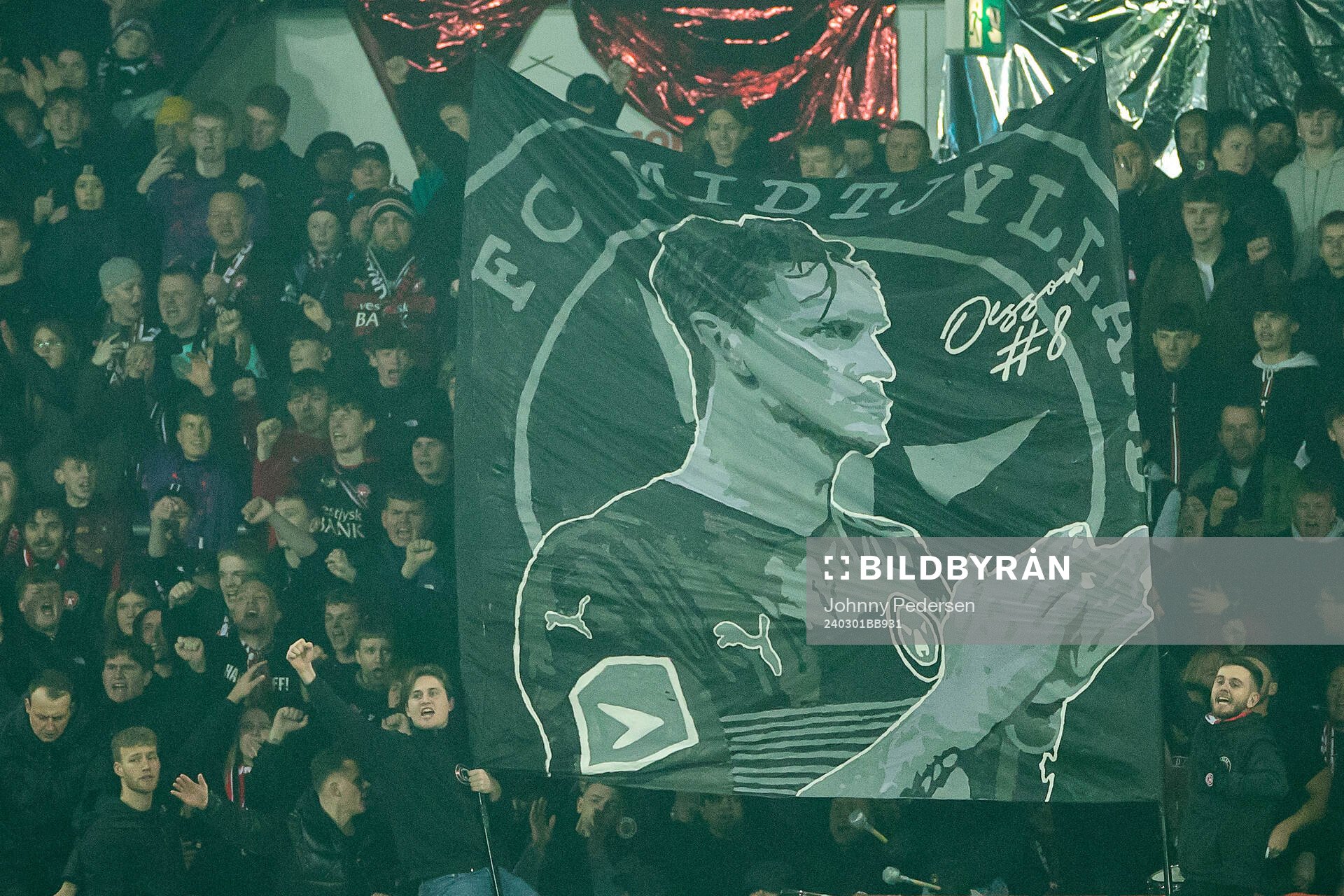 Fans of Midtjylland with a homage to player Kristoffer