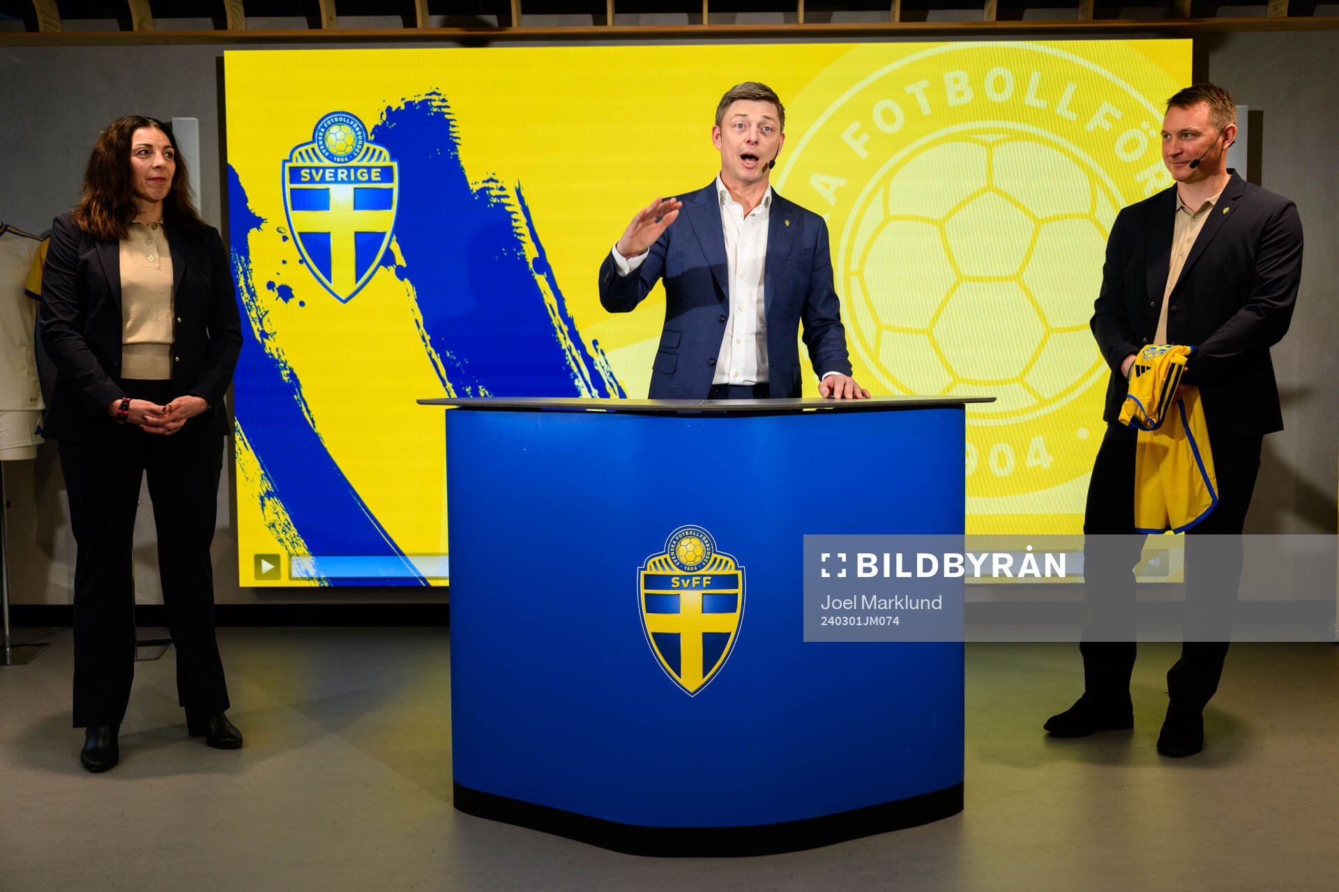 Andrea Möllerberg, General Secretary of the Swedish Football Association, Head coach Jon Dahl Tomasson of the Swedish national football team and Kim Källström, Head of Football at the Swedish Football Association at a press conference on March 1, 2024 in Stockholm.