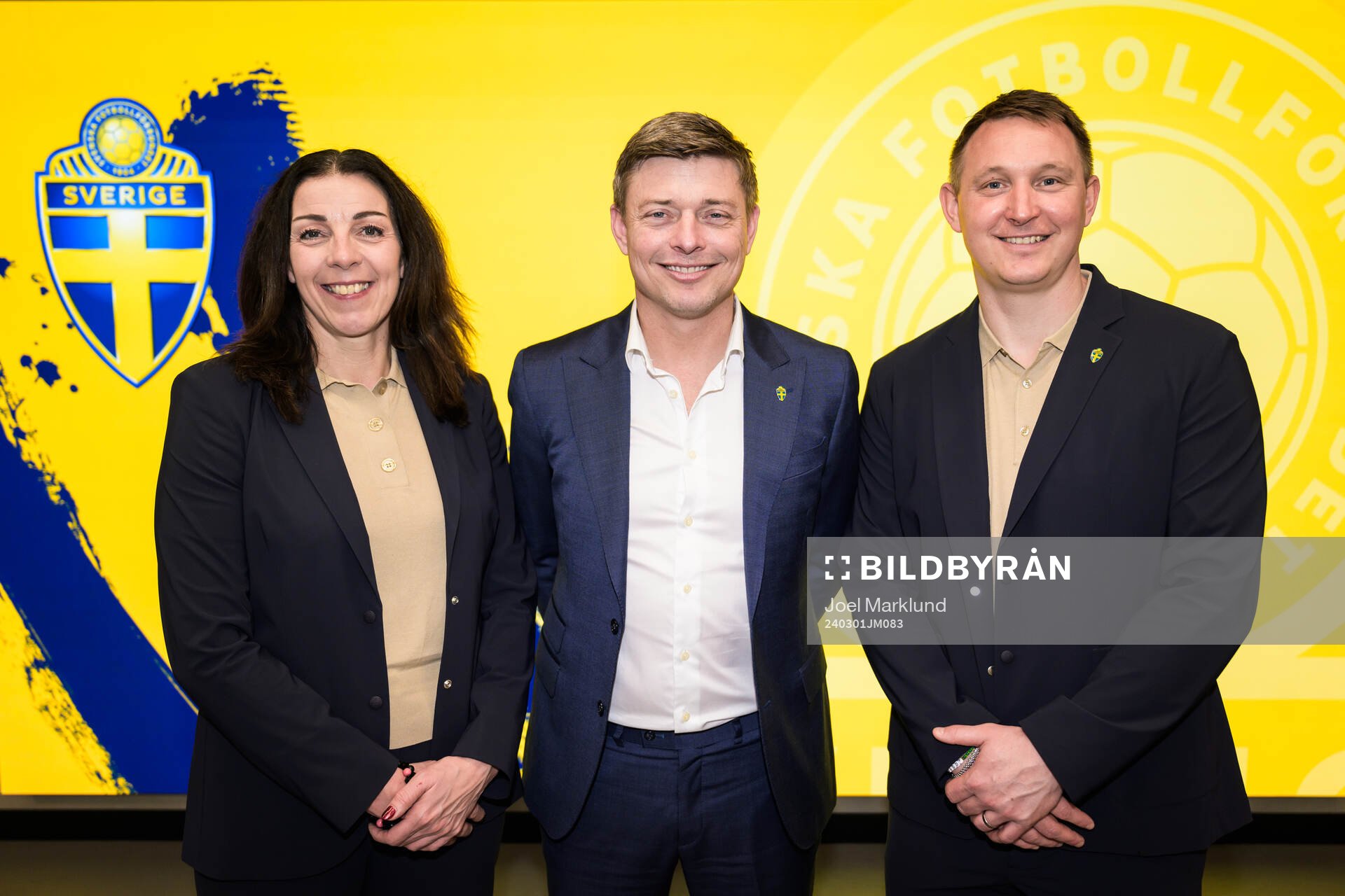 Andrea Möllerberg, General Secretary of the Swedish Football Association, head coach Jon Dahl Tomasson of the Swedish national football team, and Kim Källström, Head of Football at the Swedish Football Association, pose for a picture at a press conference on March 1, 2024 in Stockholm.