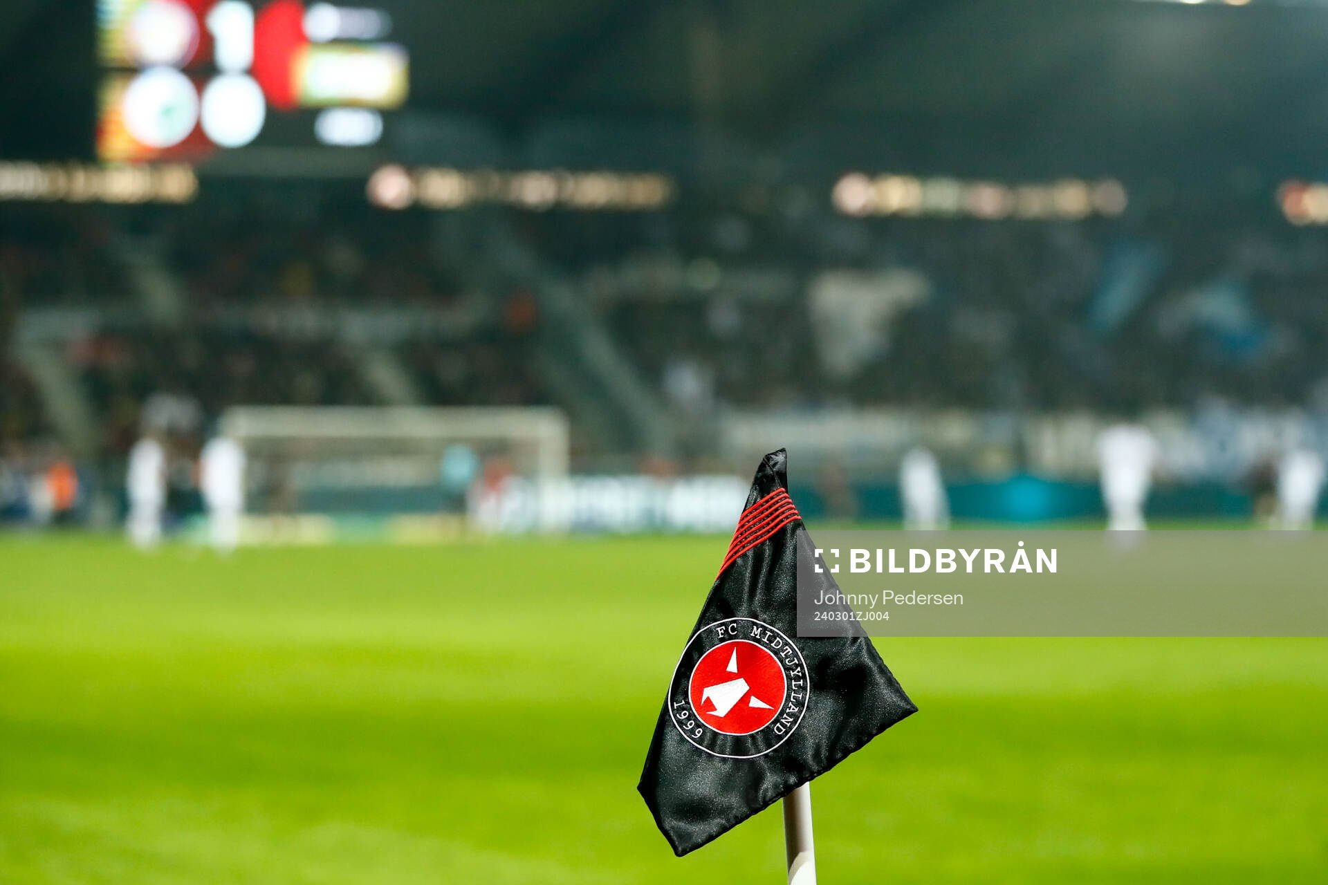 A flag of Midtjylland during the Superligan football match between Midtjylland and FC Copenhagen on March 1, 2024 in Herning. 