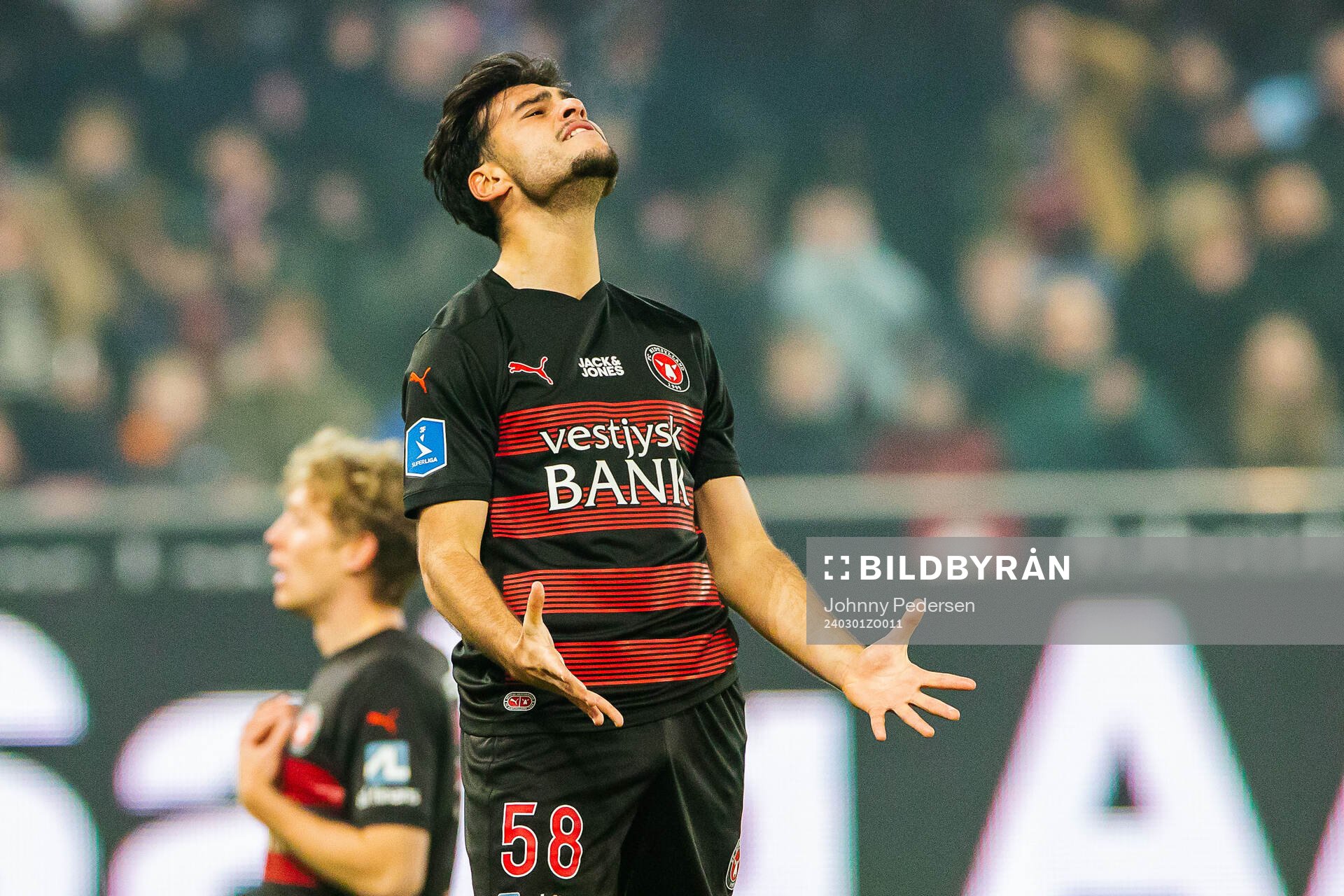 Aral Simsir of Midtjylland looks dejected during the Superligan football match between Midtjylland and FC Copenhagen on March 1, 2024 in Herning.
