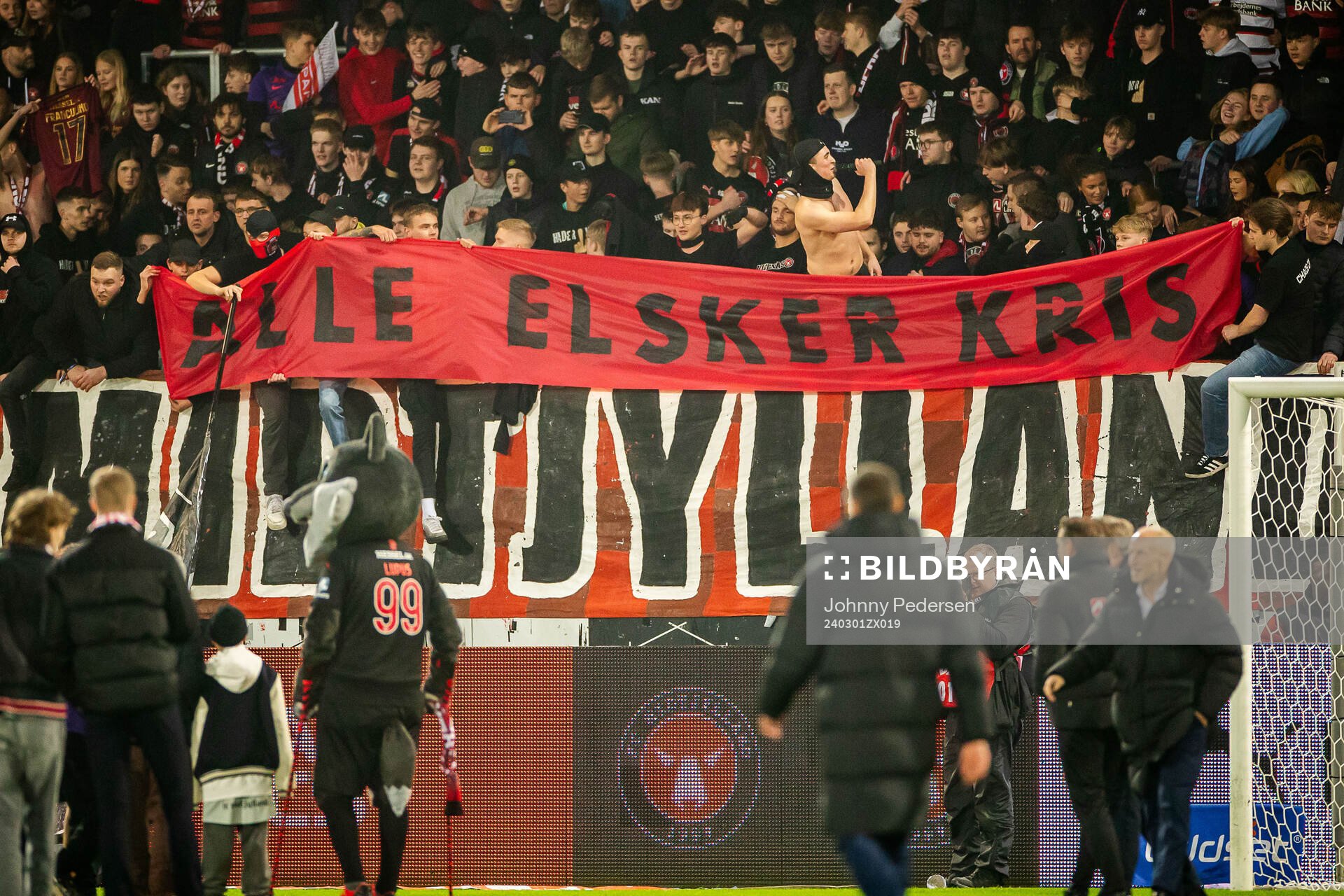 Fans of Midtjylland with a homage to player Kristoffer