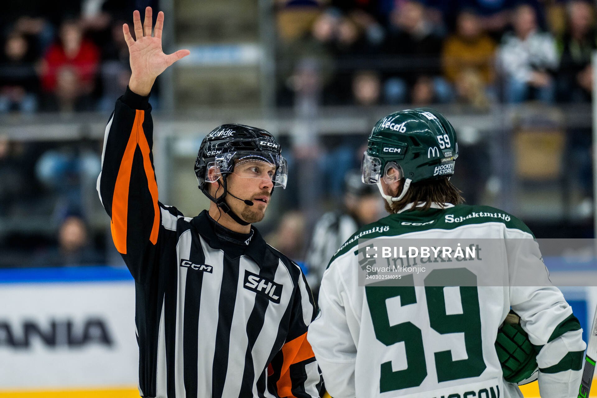 Domare Johan Magnusson och Färjestads Linus Johansson