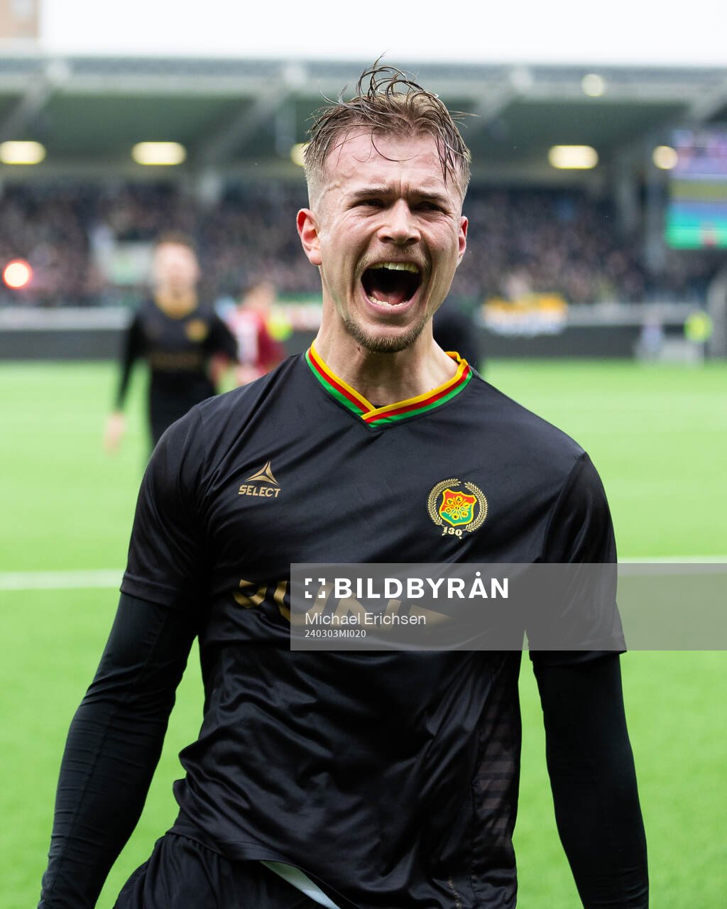 GAIS Alexander Ahl Holmström jublar efter 1-0 under fotbollsmatchen i Svenska Cupen mellan GAIS och Örgryte den 3 mars 2024 i Göteborg. 
