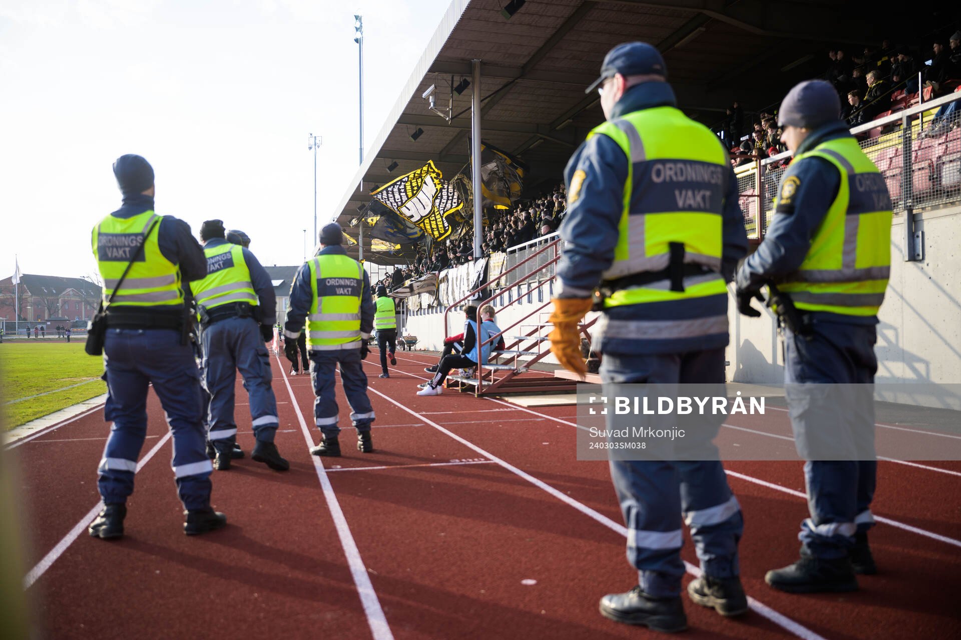 Ordningsvakter under fotbollsmatchen i Svenska Cupen mellan Kalmar och AIK den 3 mars 2024 i Kalmar. 