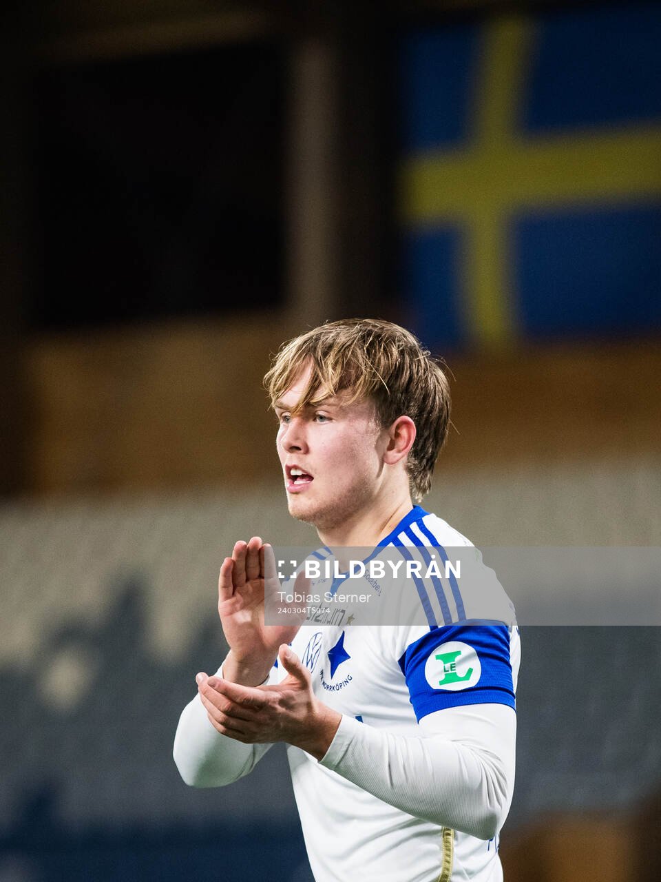 IFK Norrköpings Isak Andri Sigurgeirsson jublar efter fotbollsmatchen i Svenska Cupen mellan Sirius och IFK Norrköping den 4 mars 2024 i Uppsala.