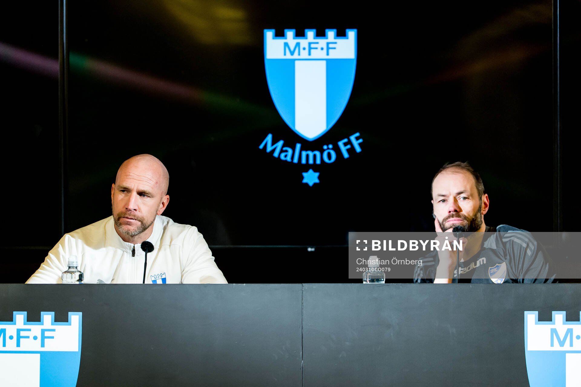 Malmö FFs tränare Henrik Rydström och Norrköpings tränare Andreas Alm under en presskonferens efter kvartsfinalen i Svenska Cupen mellan Malmö FF och IFK Norrköping den 10 mars 2024 i Malmö.