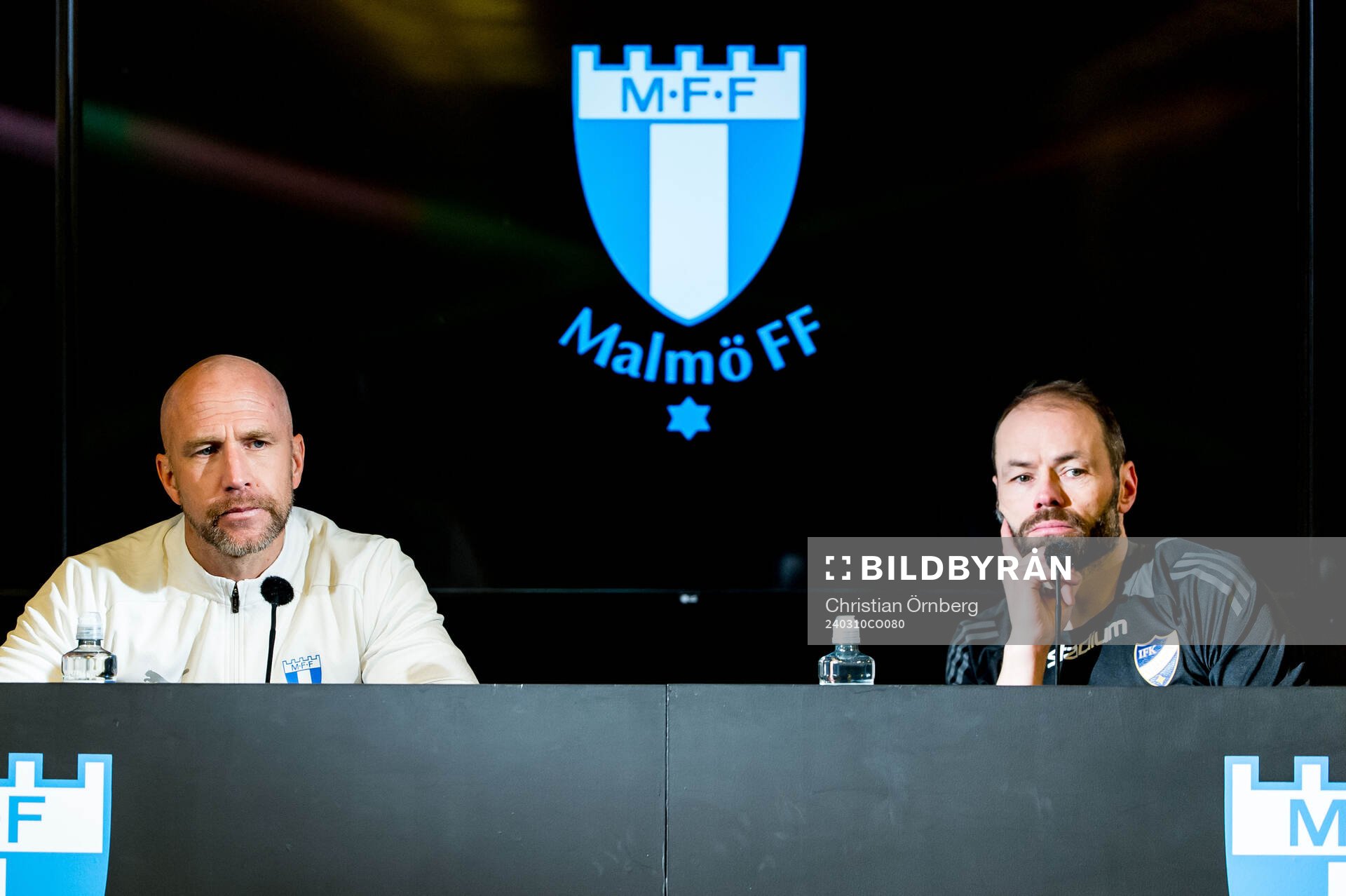 Malmö FFs tränare Henrik Rydström och Norrköpings tränare Andreas Alm under en presskonferens efter kvartsfinalen i Svenska Cupen mellan Malmö FF och IFK Norrköping den 10 mars 2024 i Malmö.