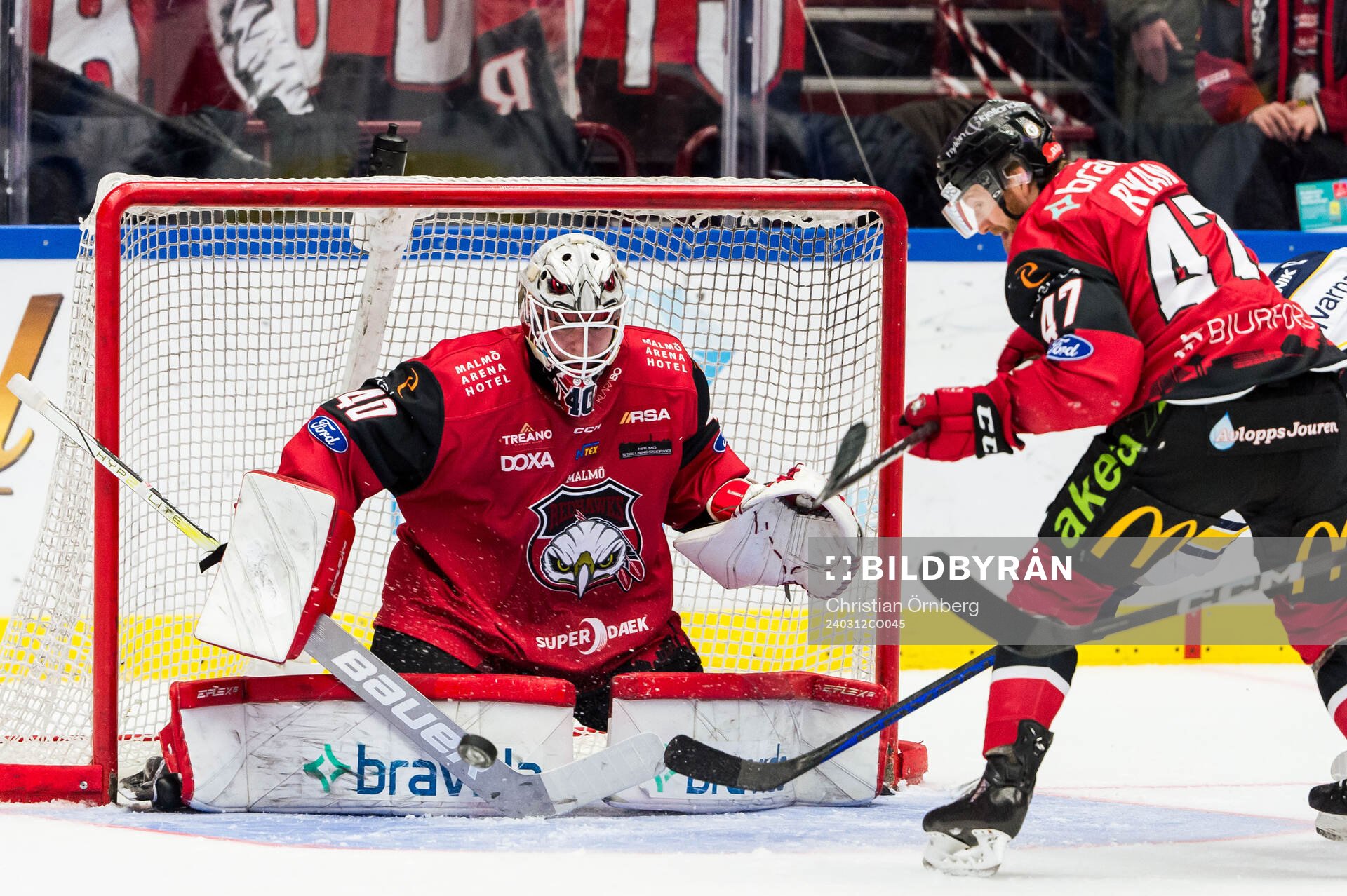 Malmö Redhawks målvakt Oskar Blomgren och Joakim Ryan