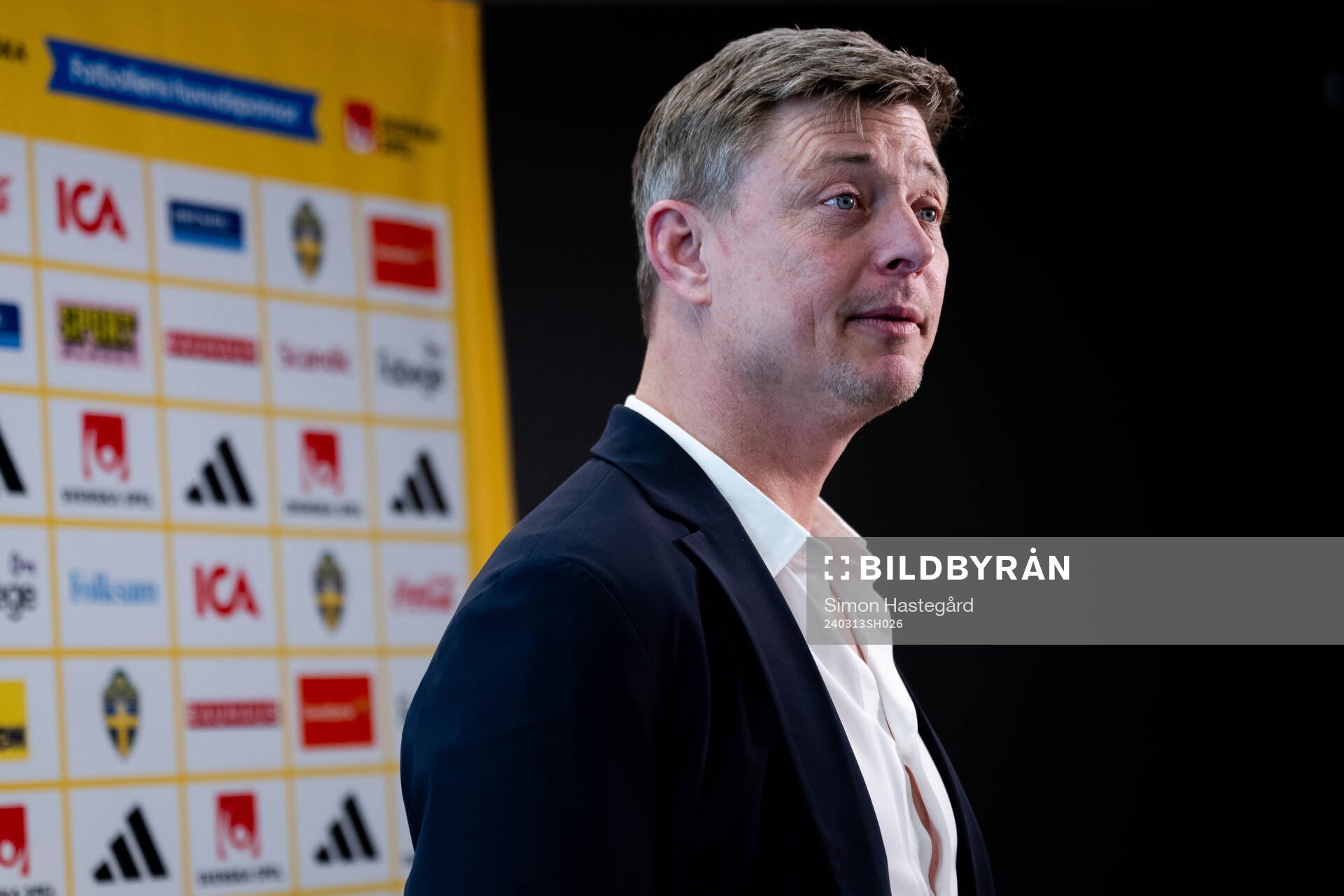Head coach Jon Dahl Tomasson of the Swedish national football team at a press conference on March 13, 2024 in Stockholm.
