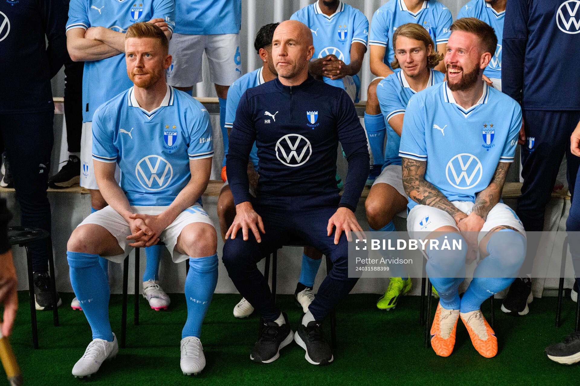 Anders Christiansen, tränare Henrik Rydström och Pontus Jansson under en porträttfotografering med Malmö FF den 28 februari 2024 i Malmö.