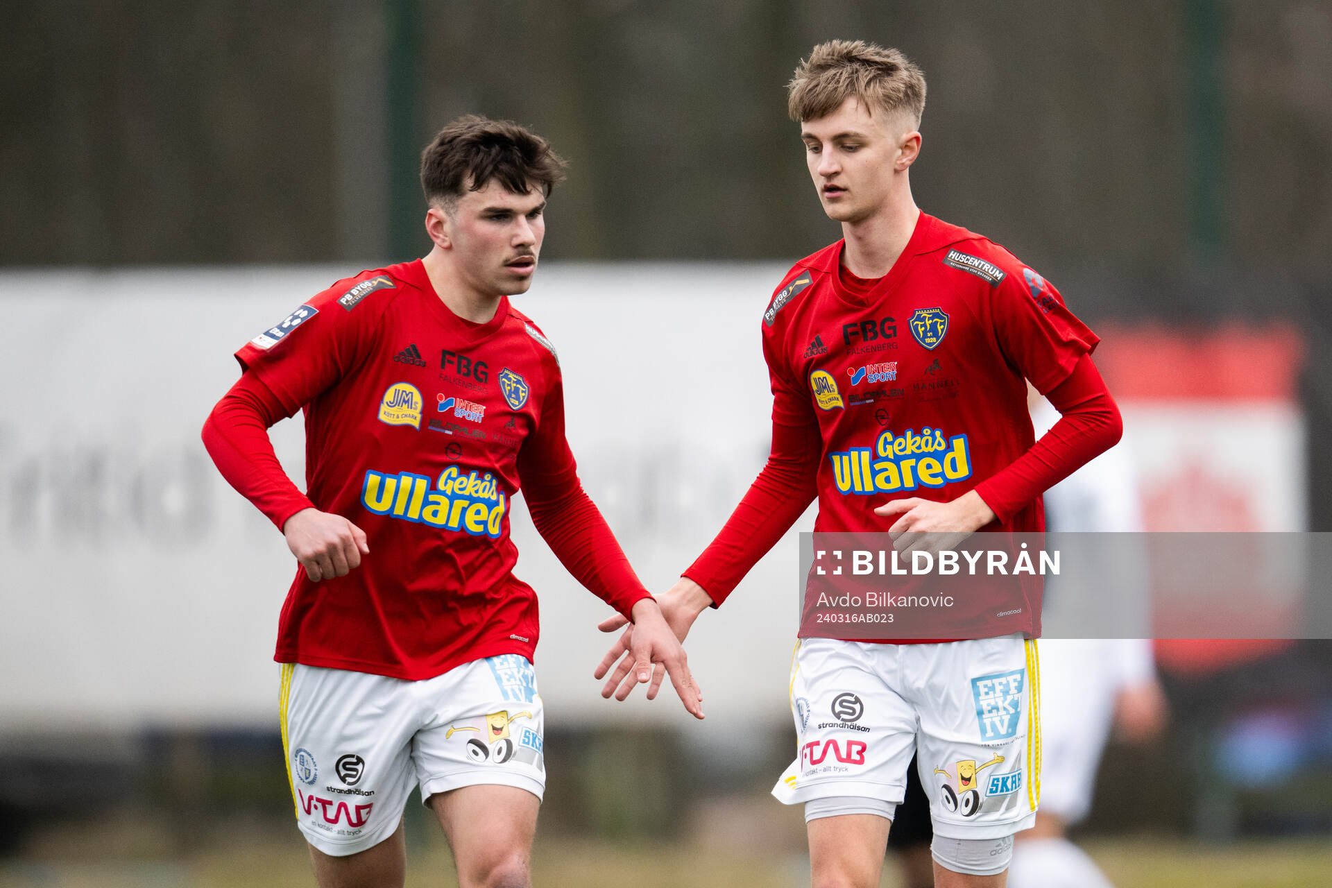 Falkenbergs Melwin Kocanovic jublar efter 2-1 målet under fotbollsmatchen i träningsmatchen mellan Helsingborg och Falkenberg den 16 mars 2024 i Helsingborg.