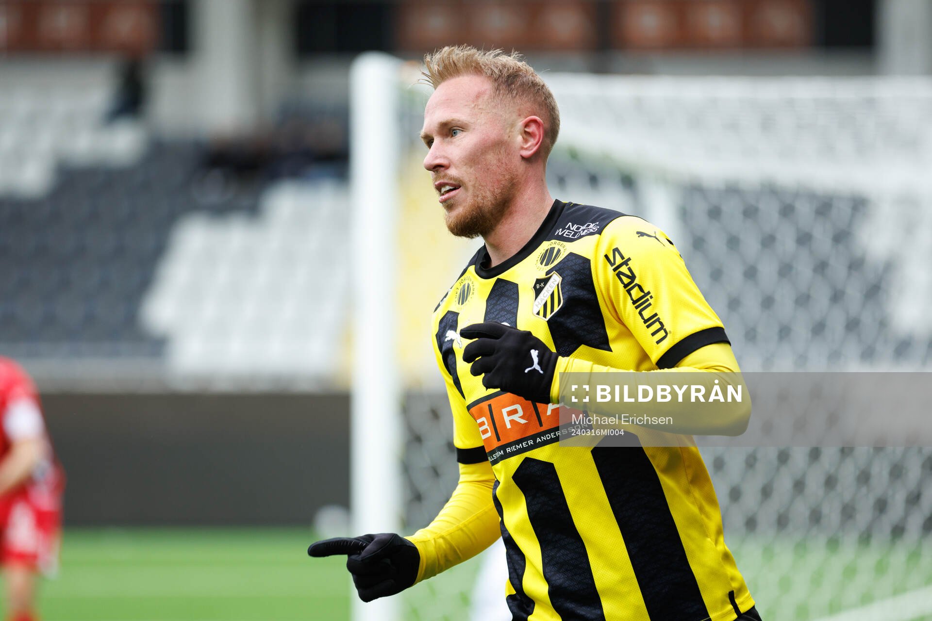 Häckens Mikkel Rygaard Jensen jublar efter 1-1 under träningsmatchen i fotboll mellan BK Häcken och Elfsborg den 16 mars 2024 i Göteborg.